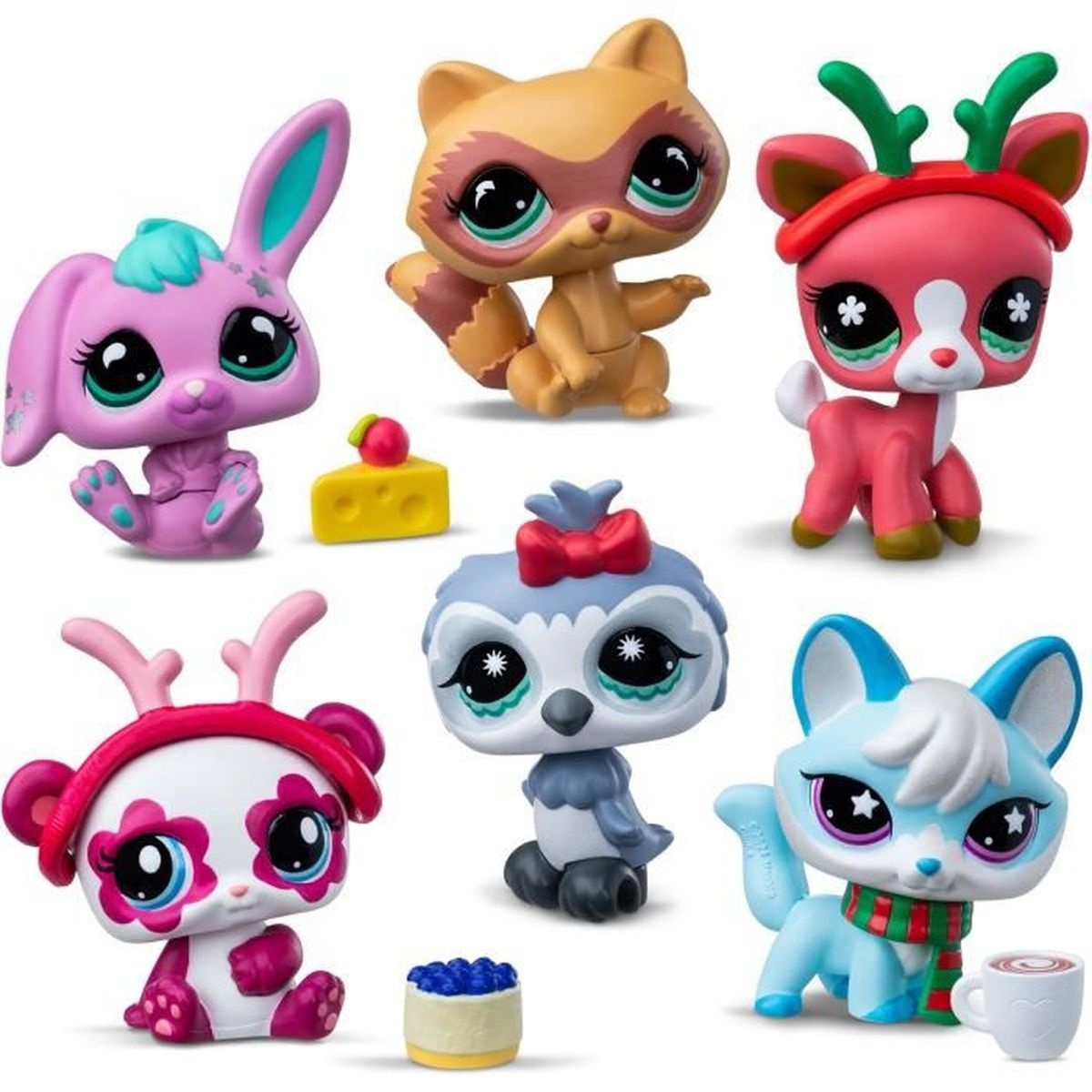 Sechs Spielzeugtiere: Hase, Waschbär, Reh, Panda, Eule, Fuchs mit Zubehör.