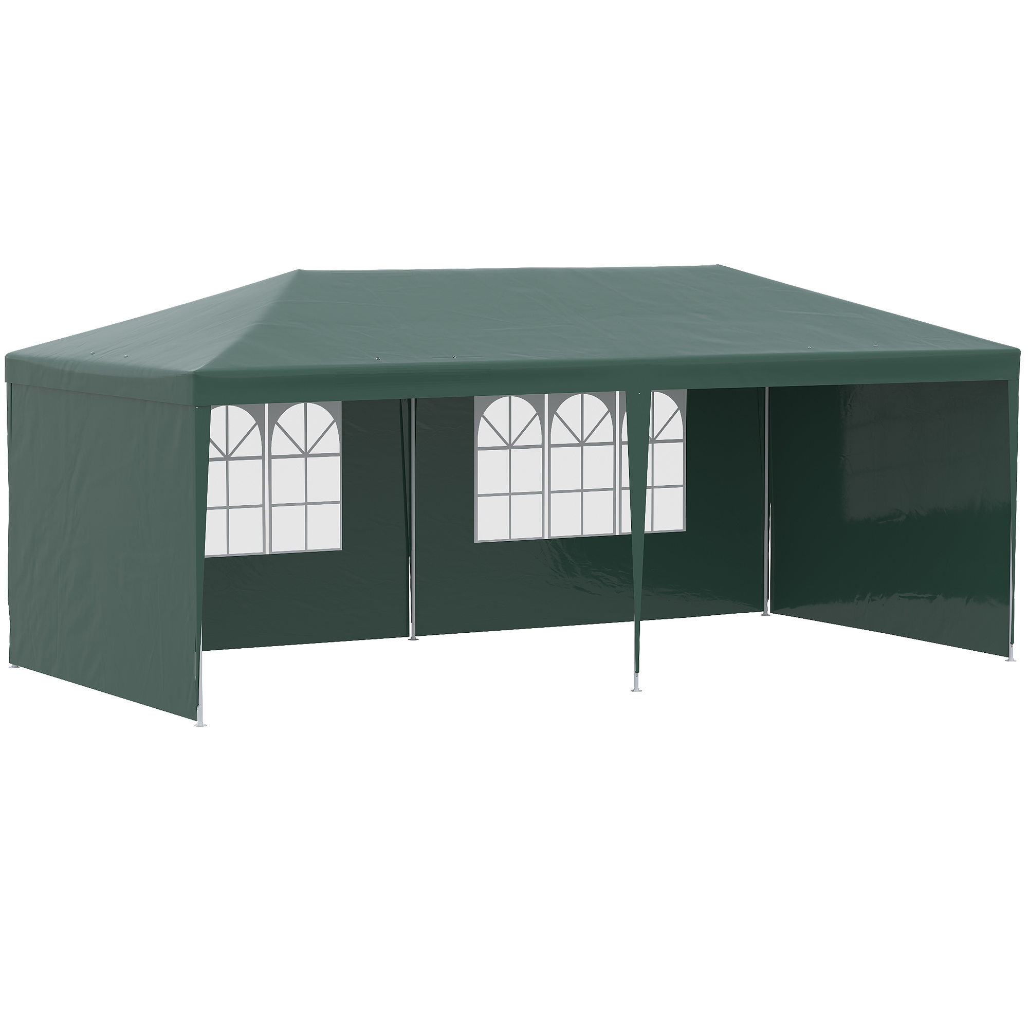 Una tenda verde scuro con finestre su sfondo bianco.