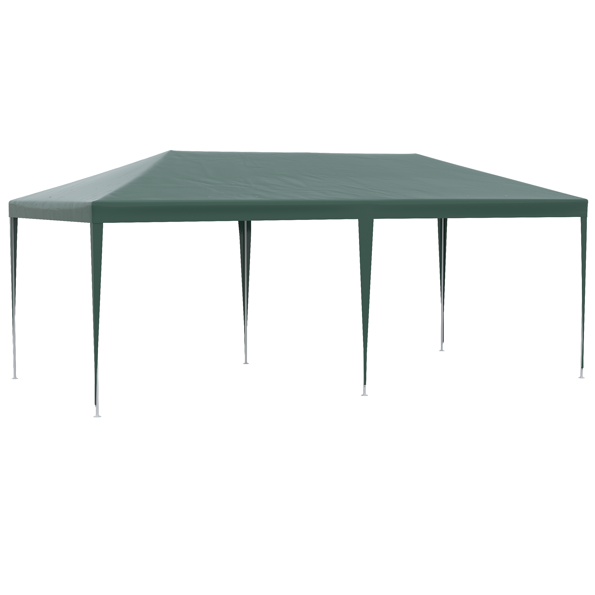 Una tenda da festa verde con telaio in metallo e otto gambe sottili.