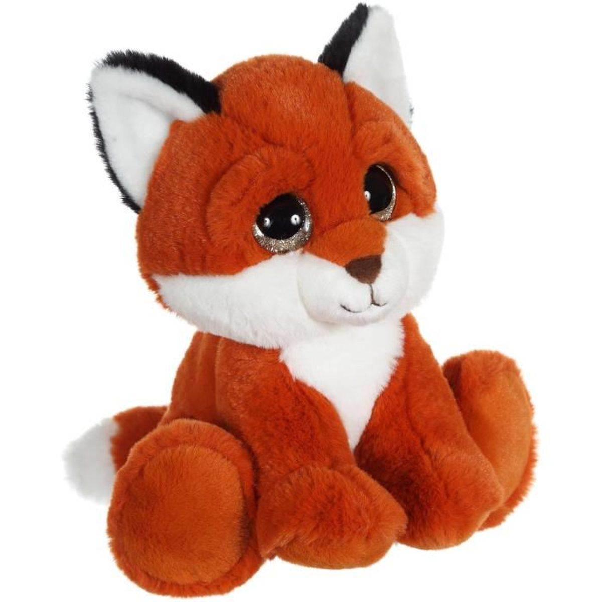 Un renard en peluche orange avec des accents blancs est assis.