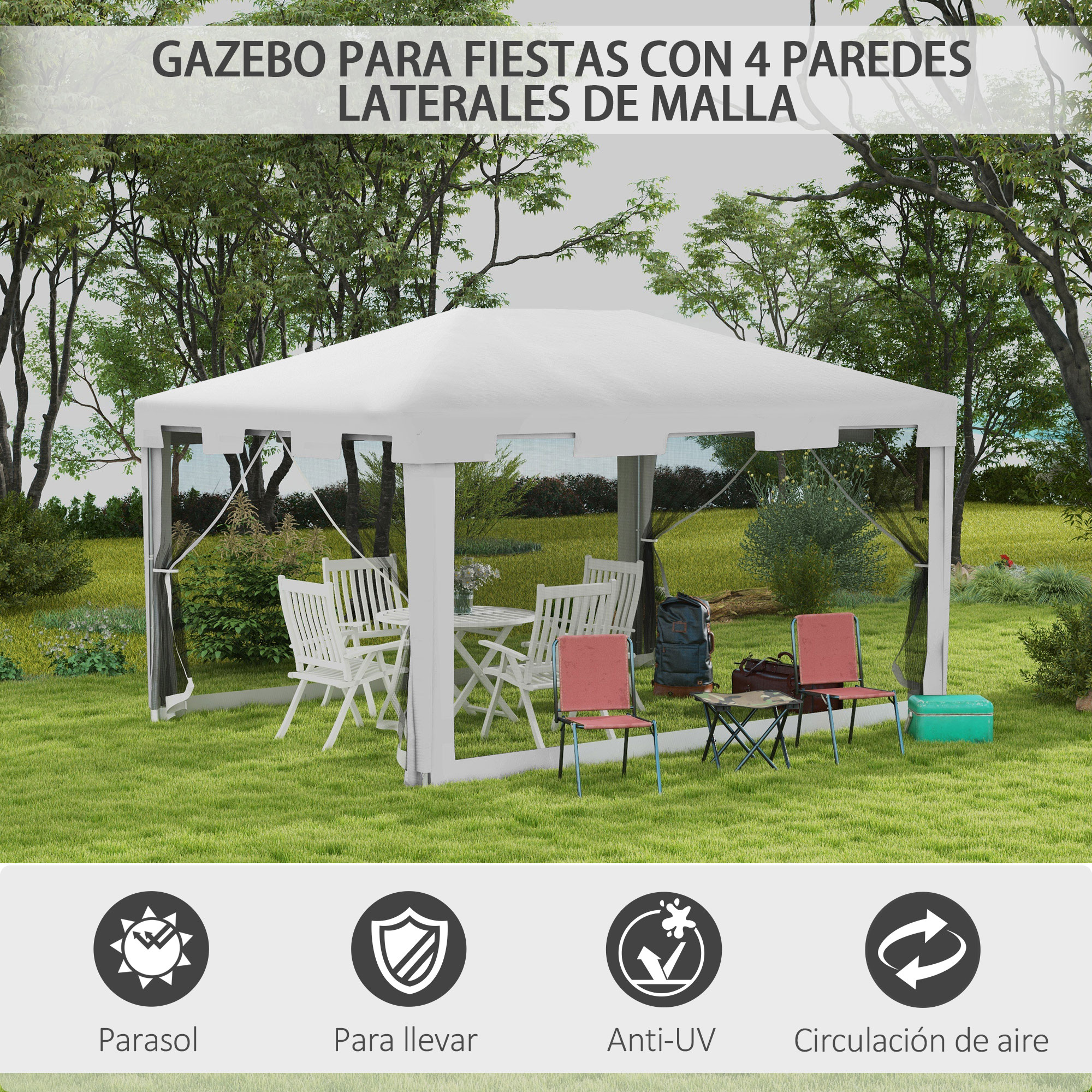 Un cenador blanco para fiestas con cuatro paredes de malla en un césped con muebles.