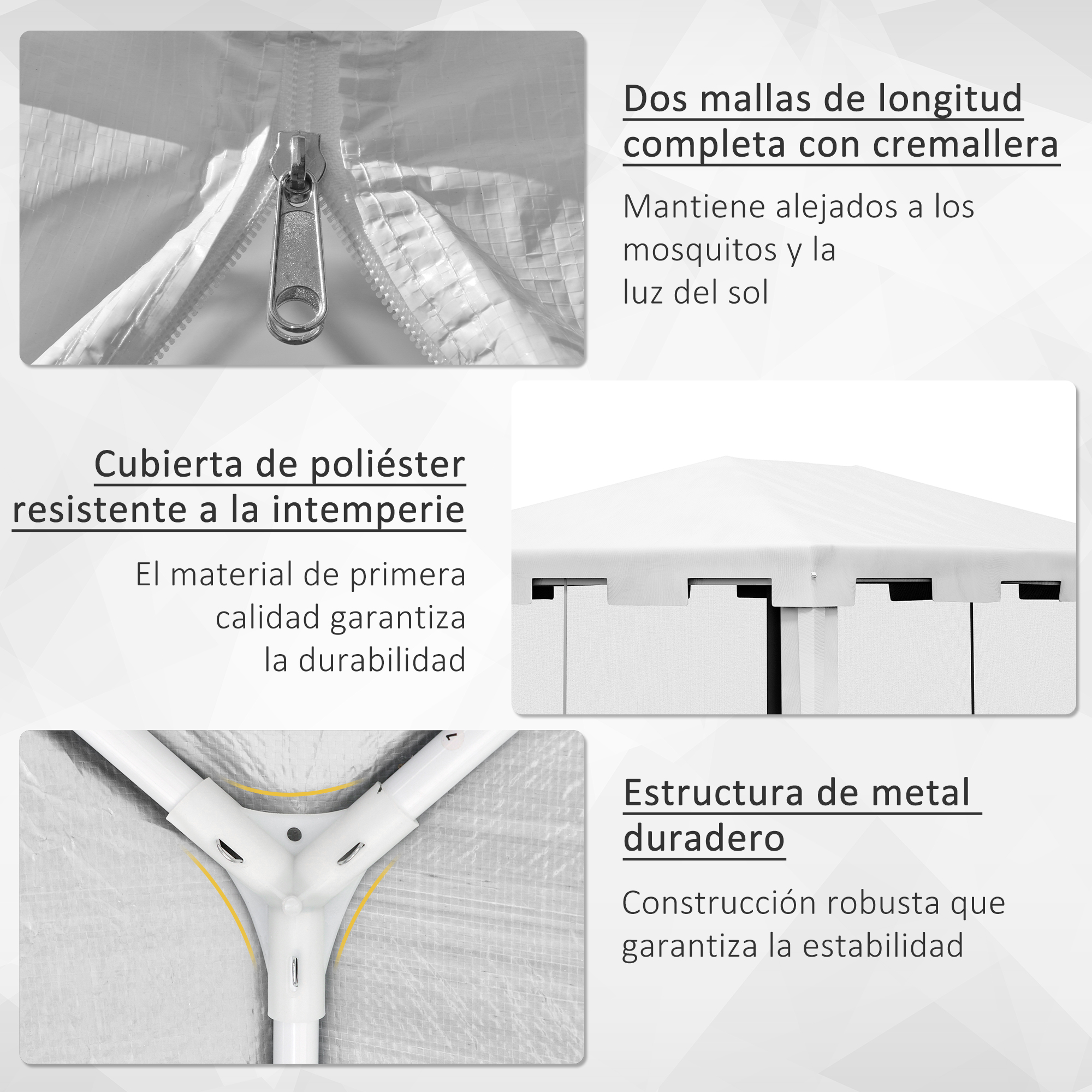 Una carpa con cierre de cremallera, cubierta de poliéster y marco de metal.