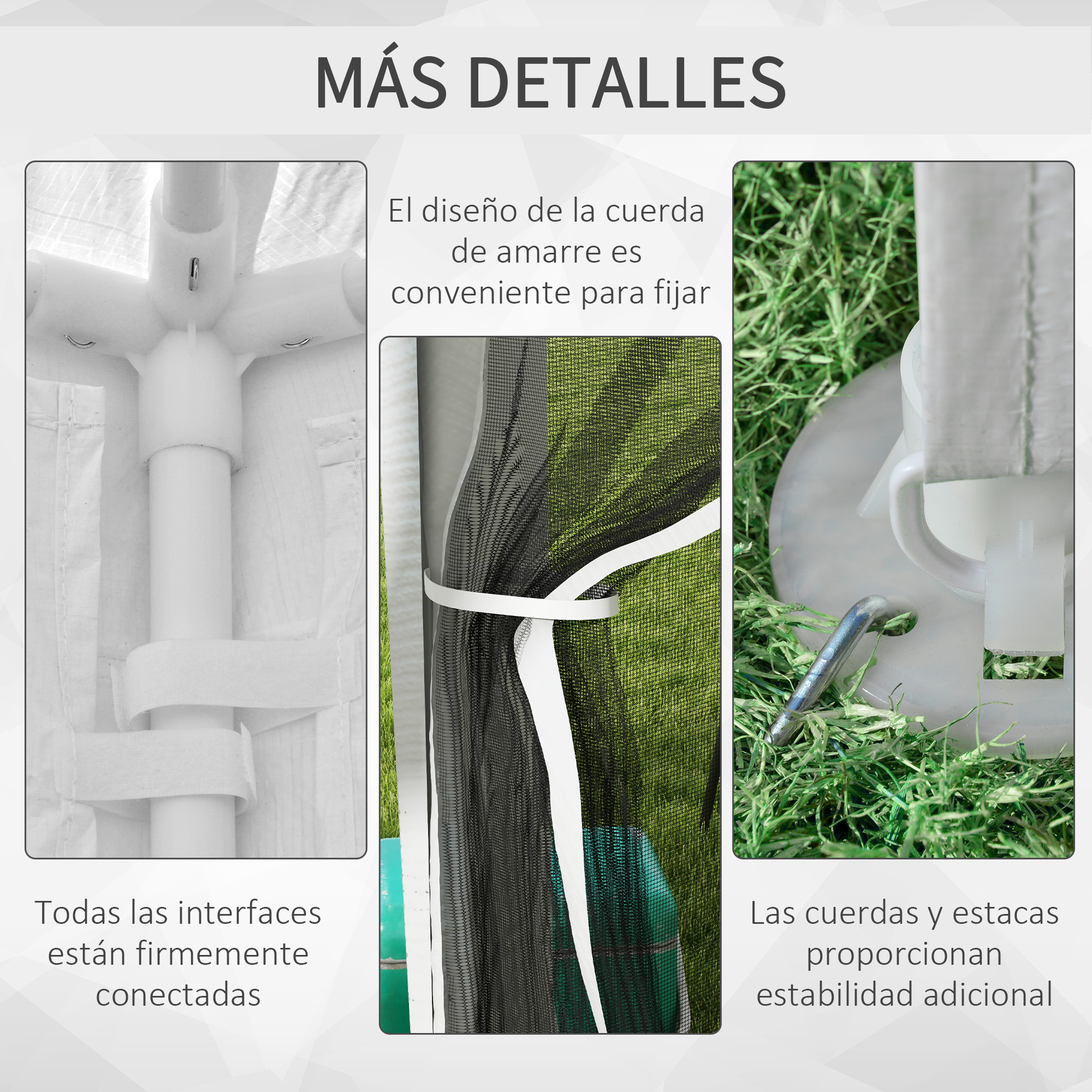 Conectores, cuerda y estacas blancos muestran detalles de montaje.