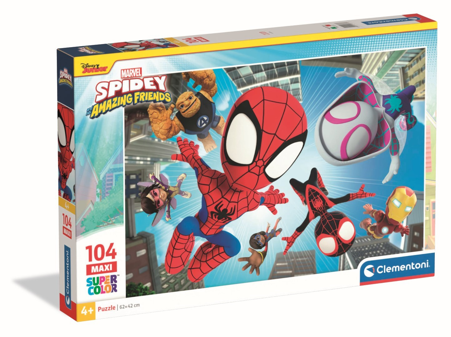 Spiderman y amigos en una caja de rompecabezas. Figuras vuelan frente a edificios.