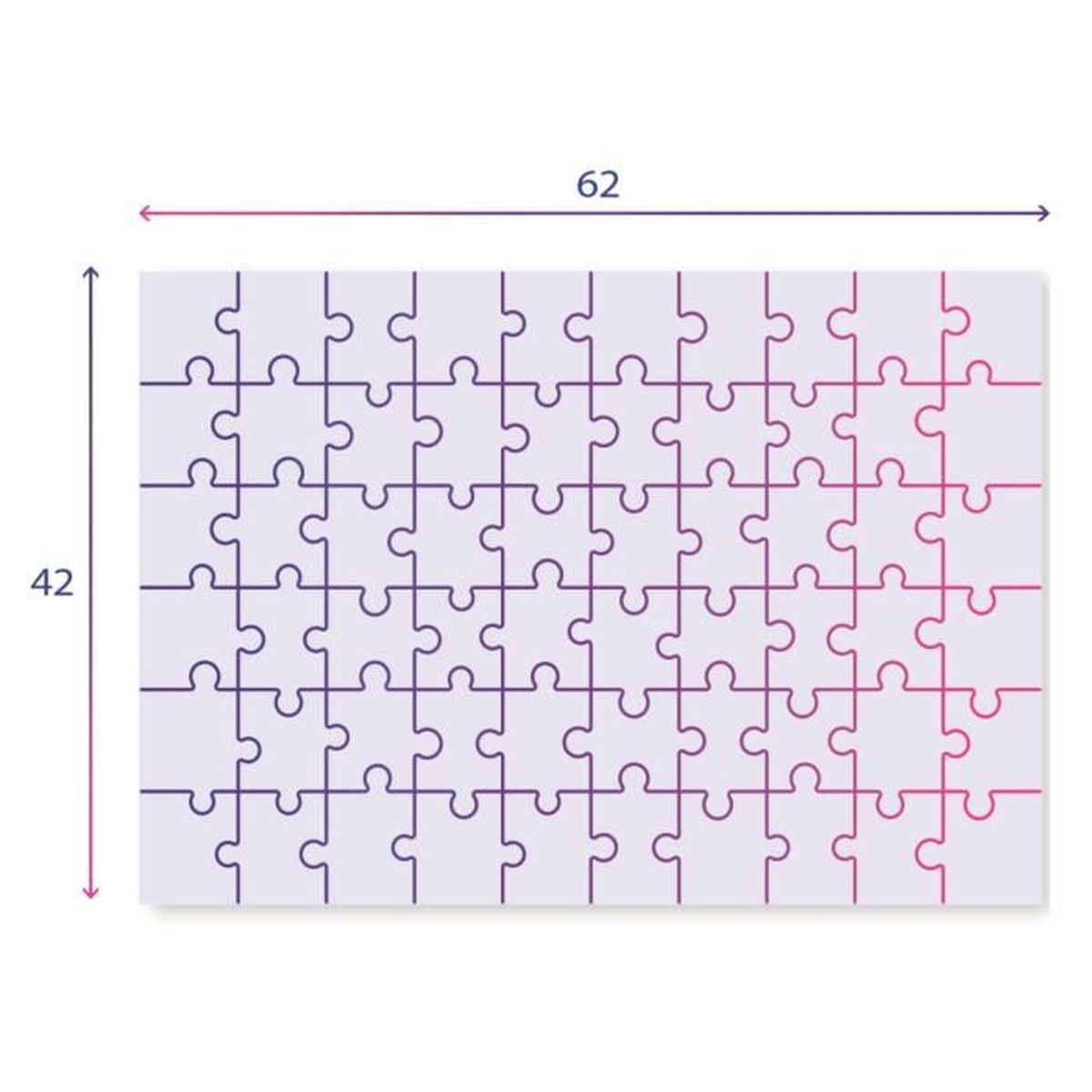 Un rompecabezas de 62x42 piezas con degradado púrpura-rosa.