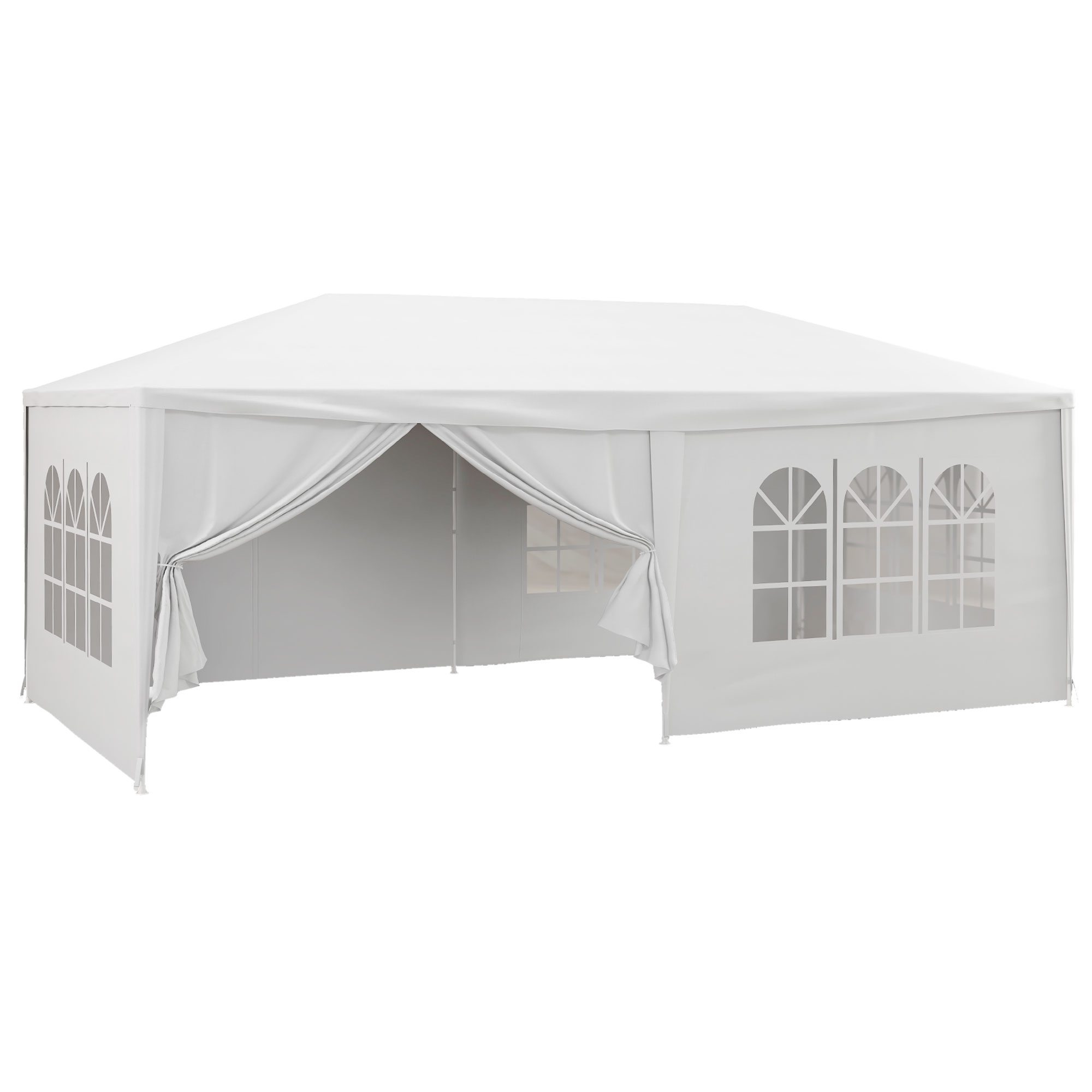 Una tenda bianca con finestre e tende arrotolate.