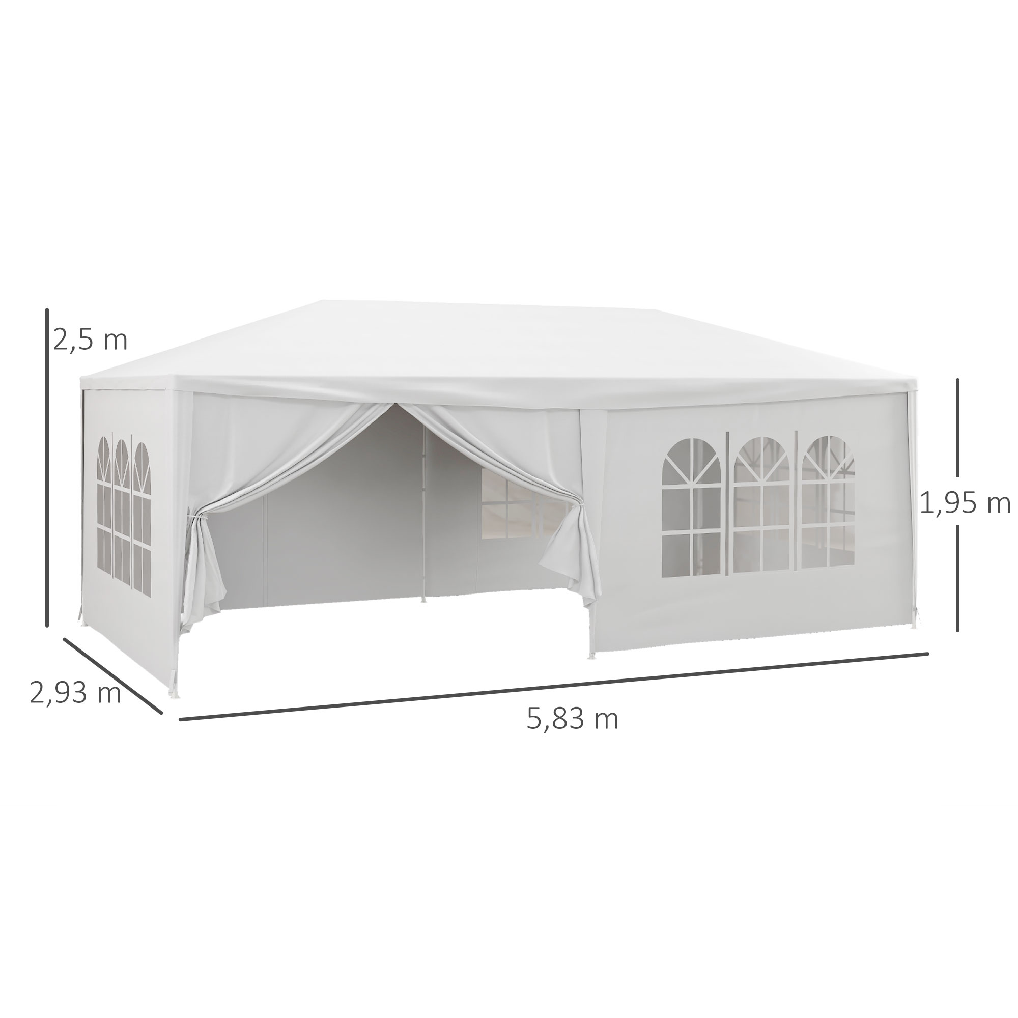 Una carpa blanca con medidas, ventanas y cortinas.