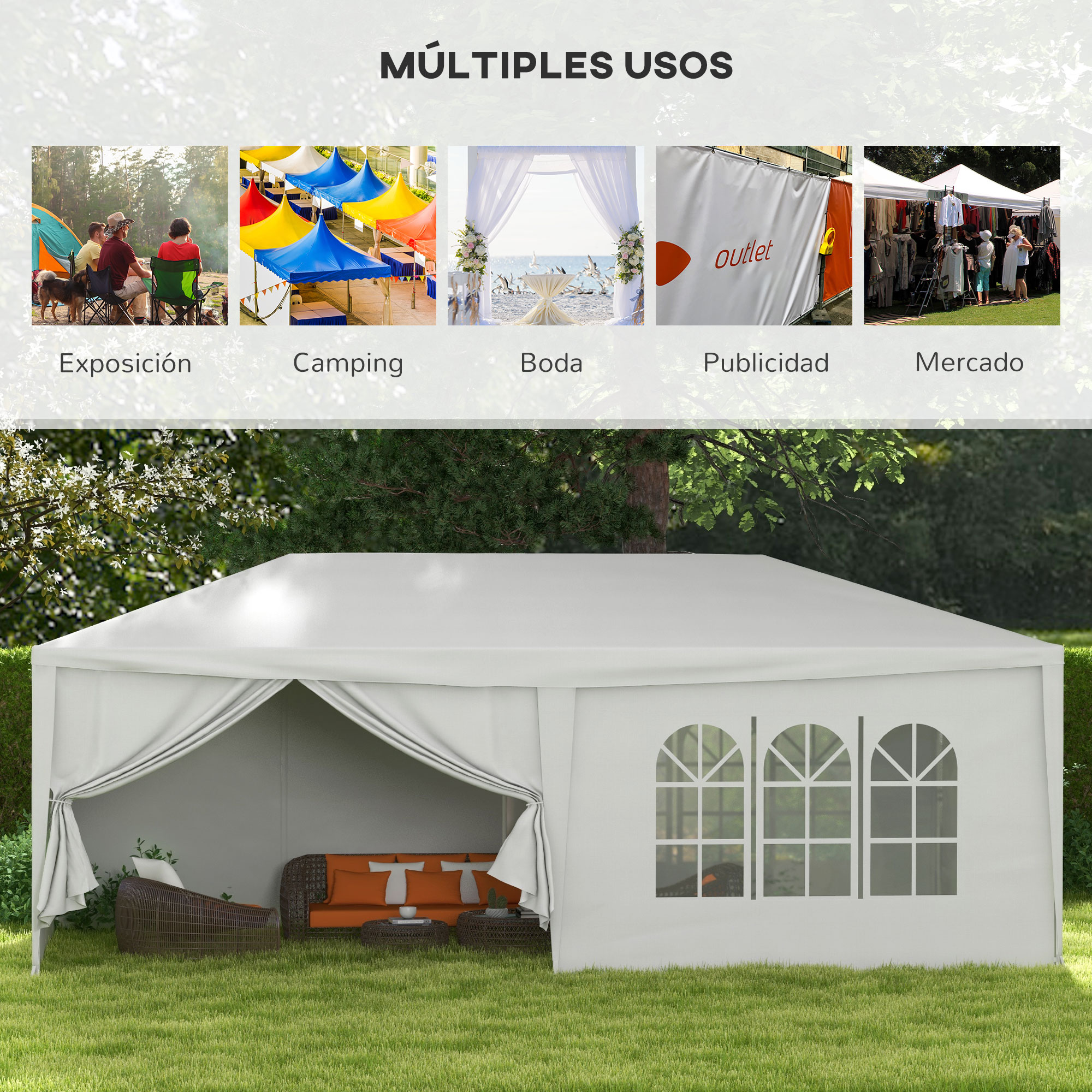 Una carpa blanca con asientos en un césped verde, con ventanas y toldos.
