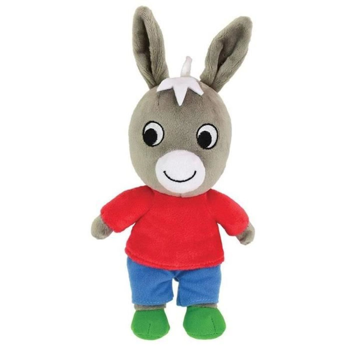 Âne en peluche gris portant une chemise rouge, un short bleu et des chaussures vertes.