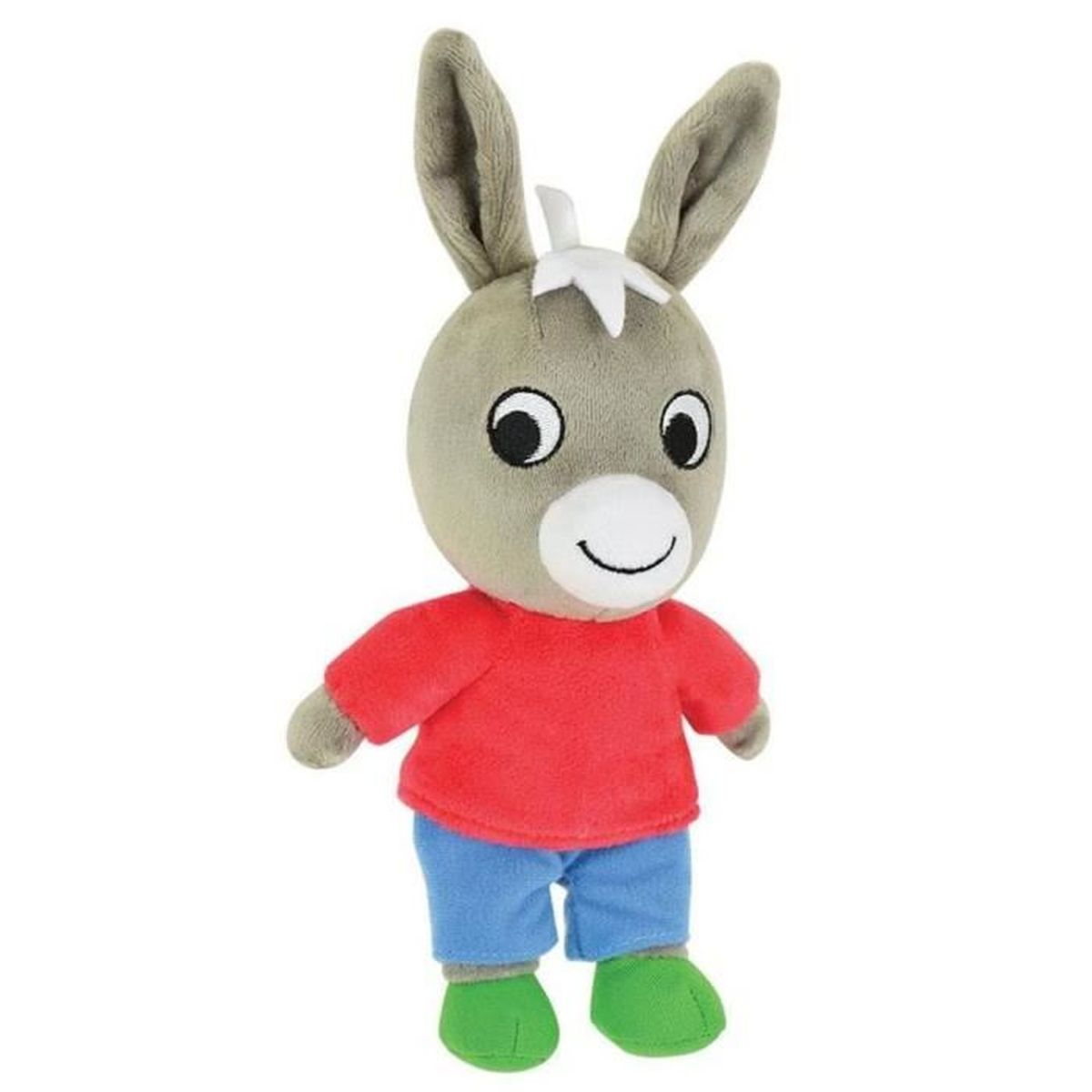 Une peluche d'âne grise portant une chemise rouge et un pantalon bleu.