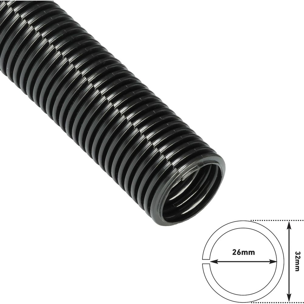 Tubo flessibile nero corrugato, diametro interno 26mm, esterno 32mm.