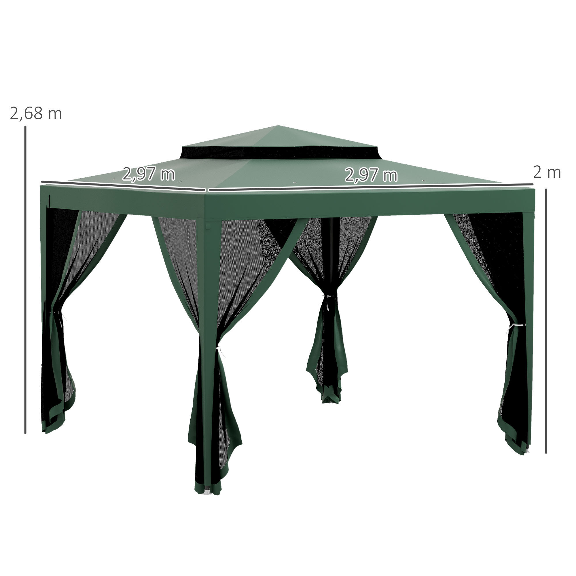 Gazebo verde con mosquiteras, dimensiones: 2,68m alto, 2,97m ancho.