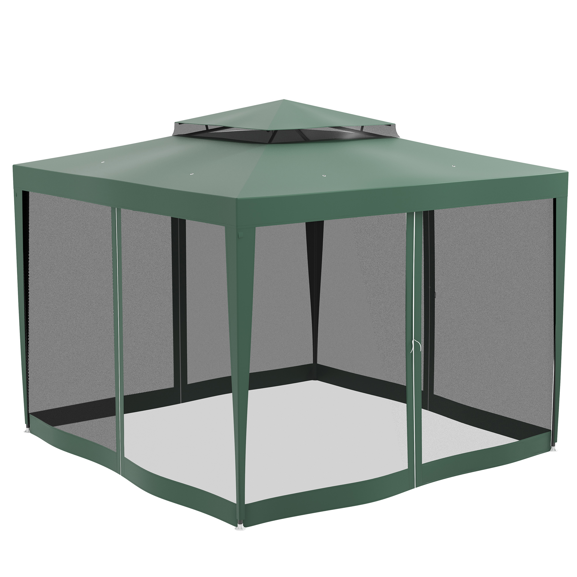 Un gazebo verde con lados de malla y estructura de doble techo.