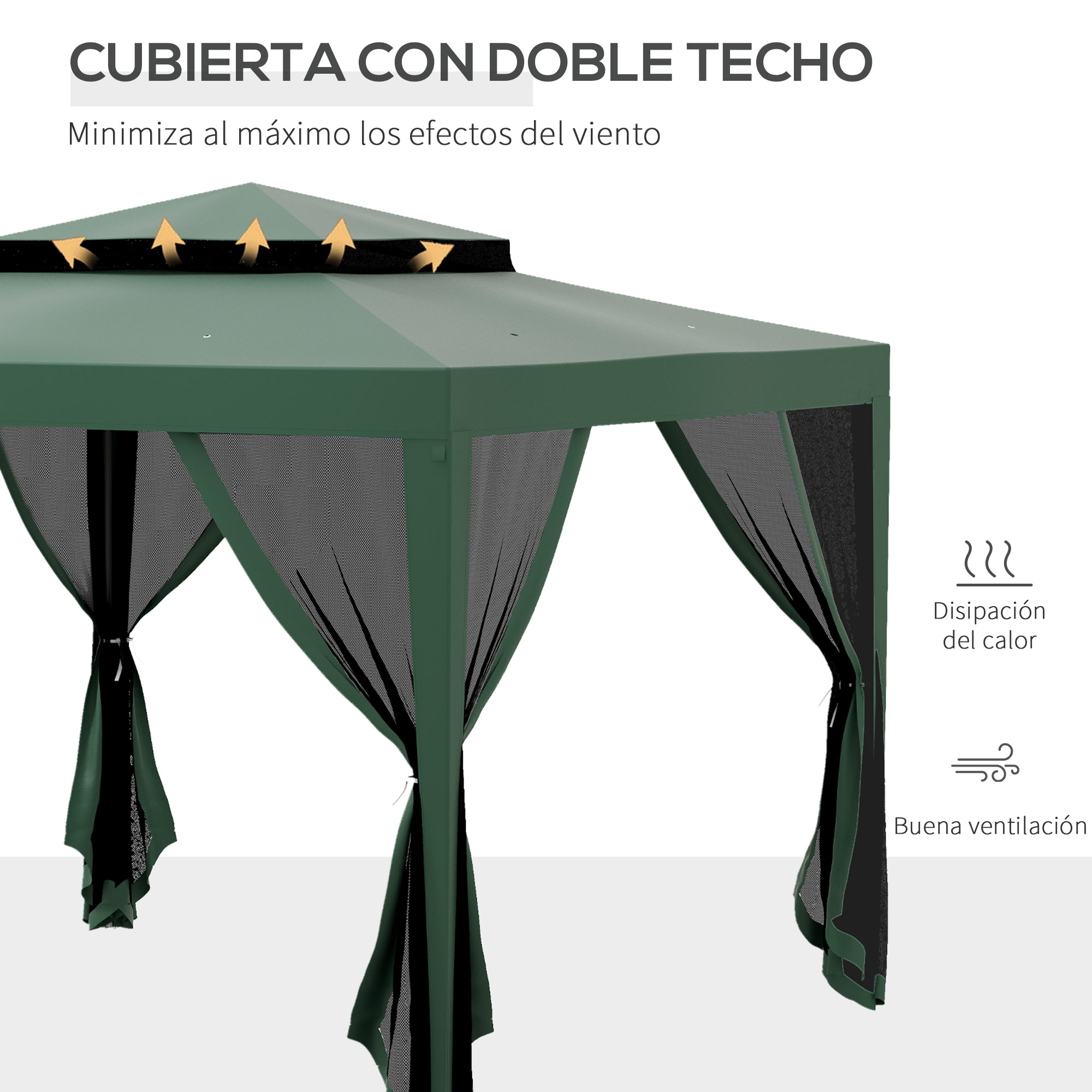 Gazebo verde con doble techo y laterales de malla, con flechas para ventilación.