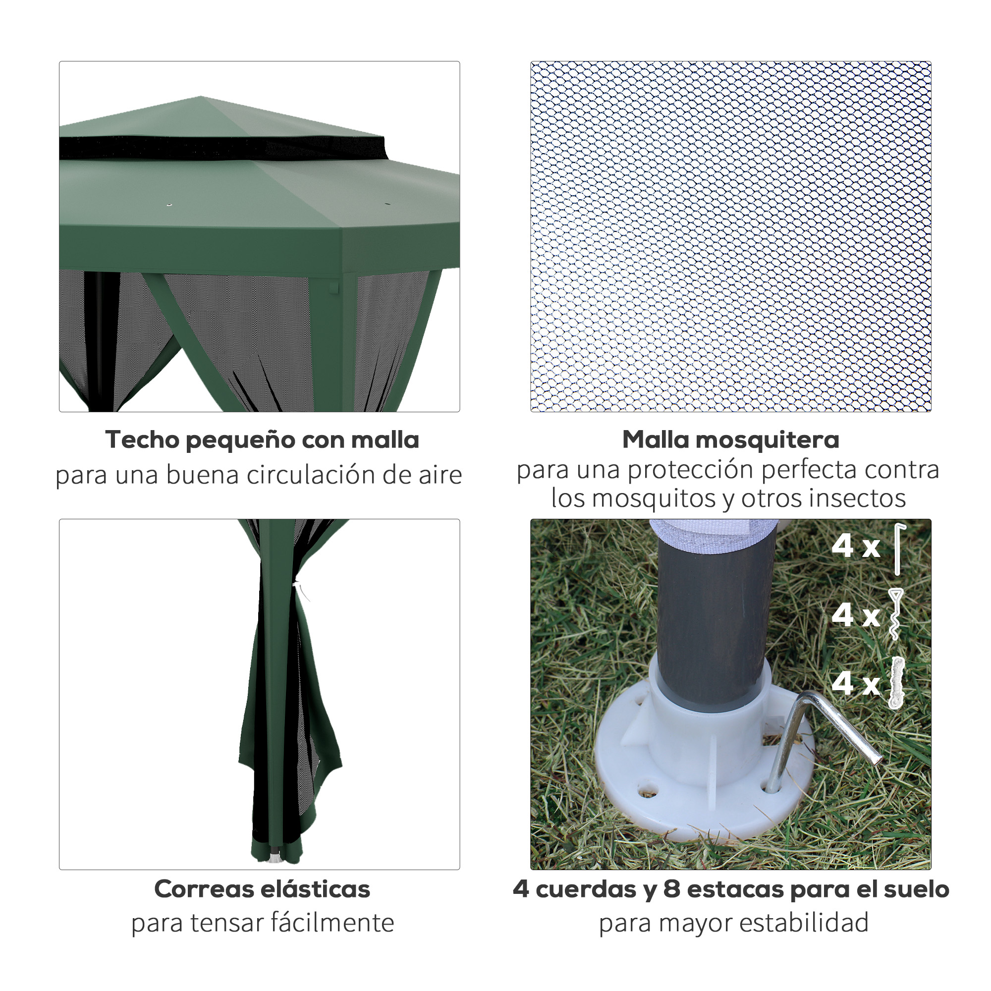 Tienda verde con mosquitera, correas elásticas y estacas.