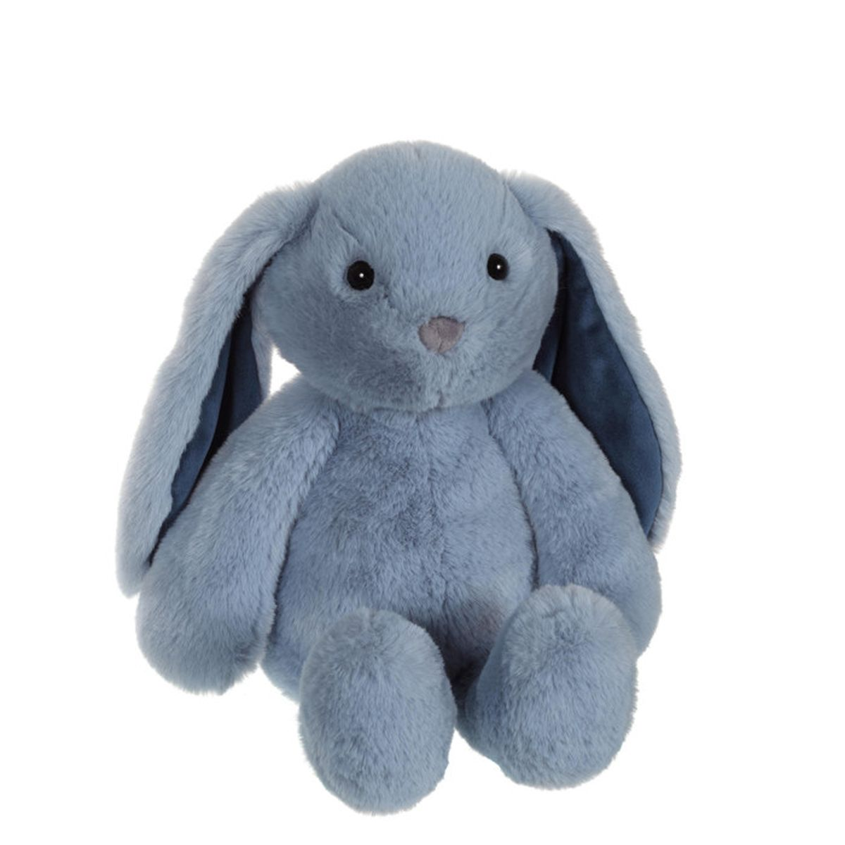 Un lapin bleu en peluche assis avec de longues oreilles et des yeux sombres.