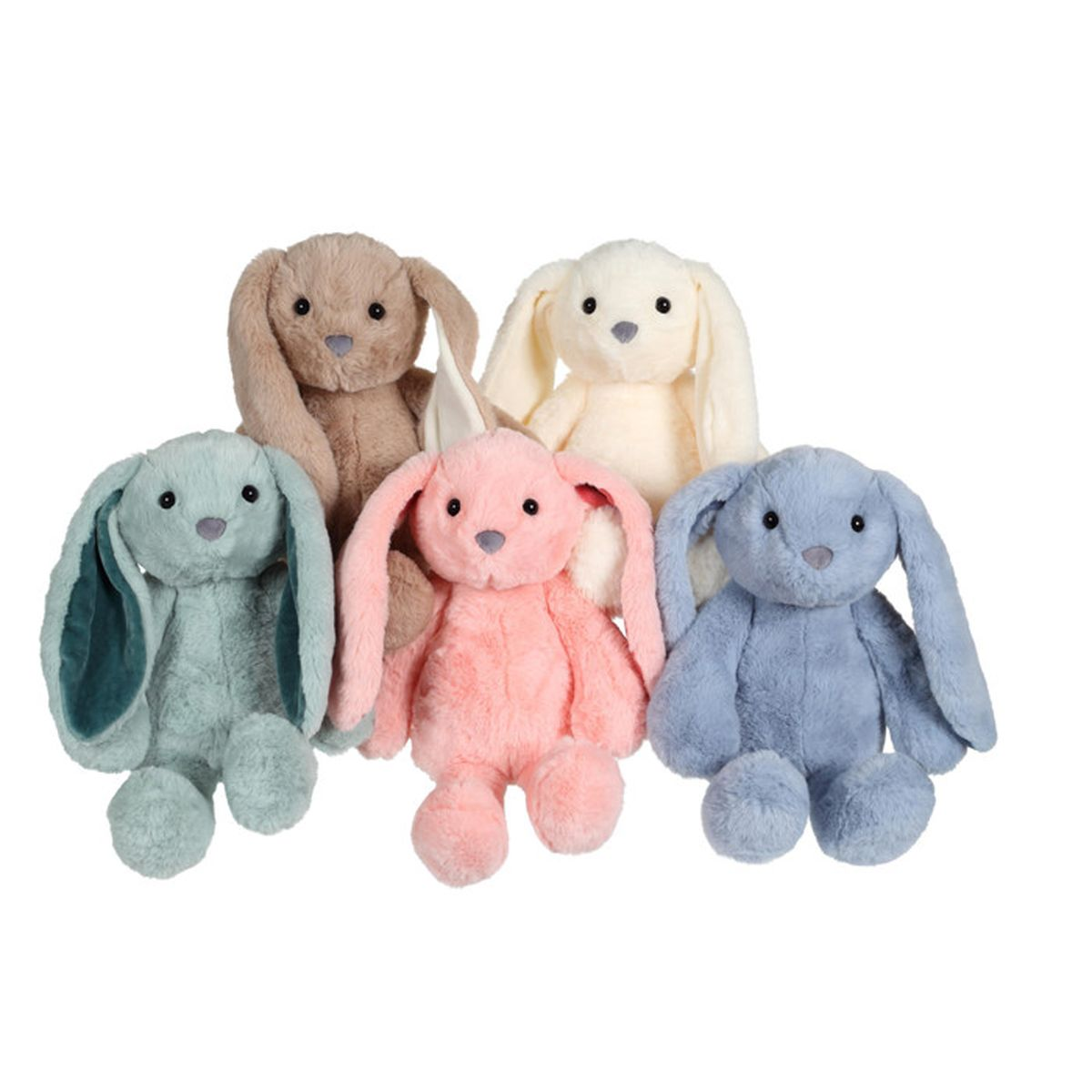 Fünf Plüschhasen in Rosa, Blau, Mintgrün, Creme und Braun sitzen nebeneinander.