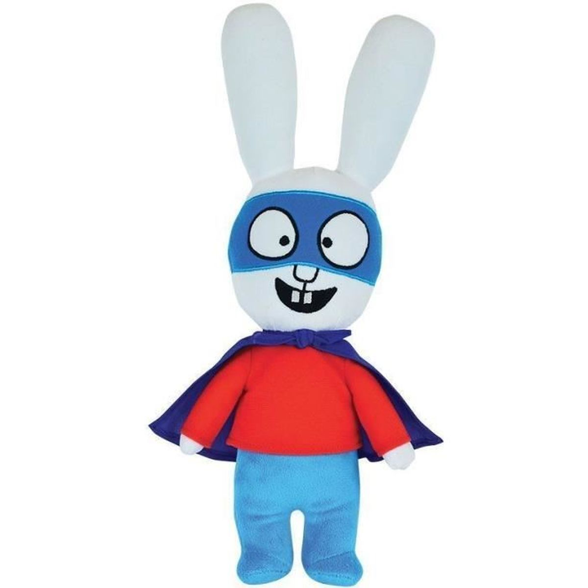 Ein Stoffhase als Superheld mit blauer Maske, rotem Oberteil und blauer Hose.