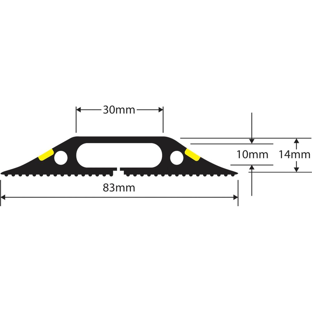 Sezione trasversale di un profilo nero con marcatori gialli e dimensioni 30mm, 83mm, 10mm, 14mm.
