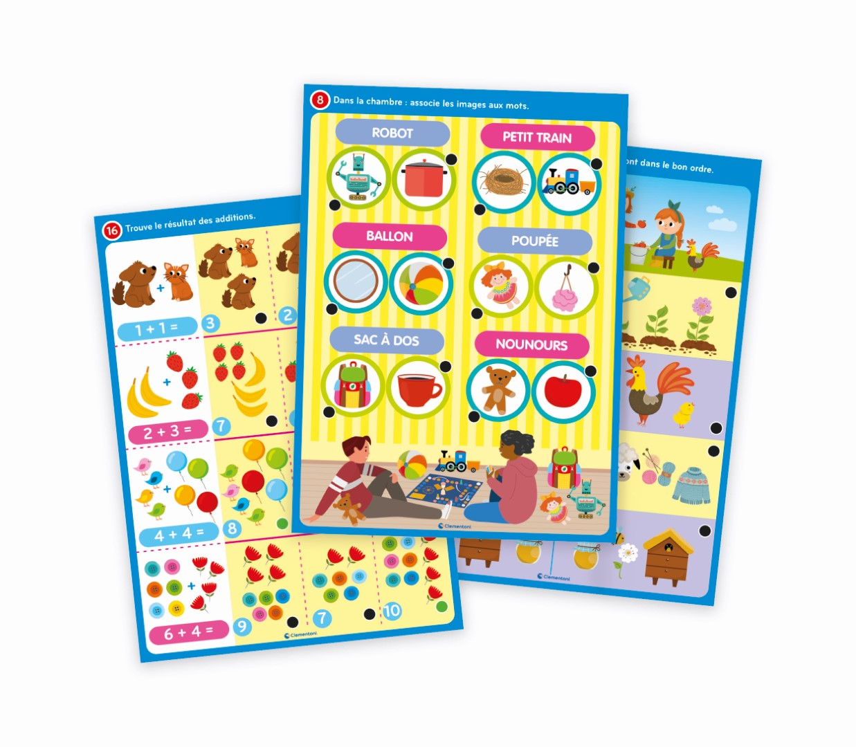 Lernspielzeug mit Bildern von Hunden, Früchten, Bällen, Spielzeug, Tieren und Zahlen.