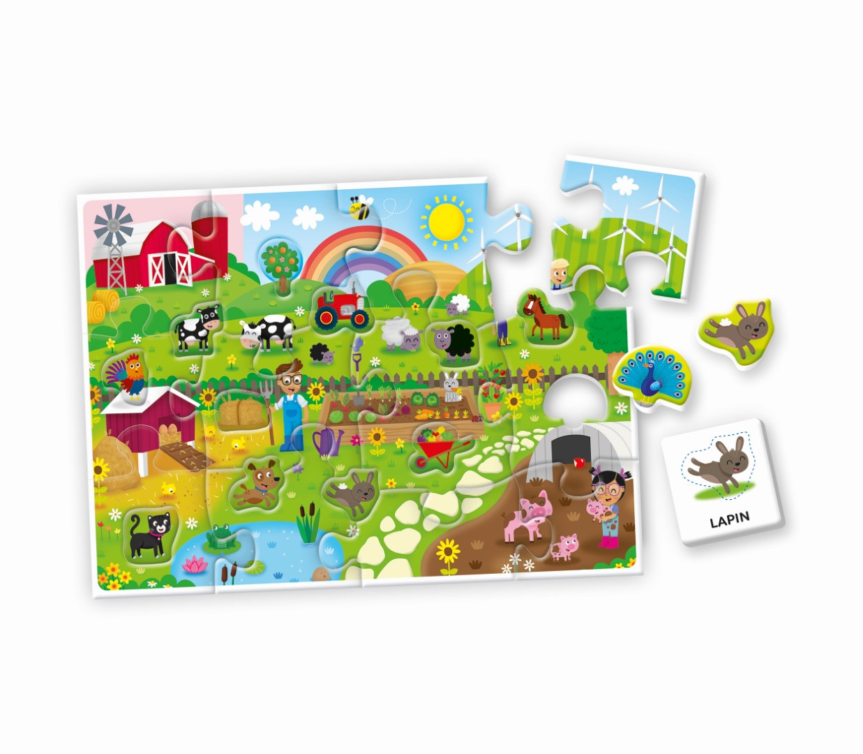Bunter Bauernhof-Puzzle mit Tieren, Traktor, Regenbogen und Windrädern.