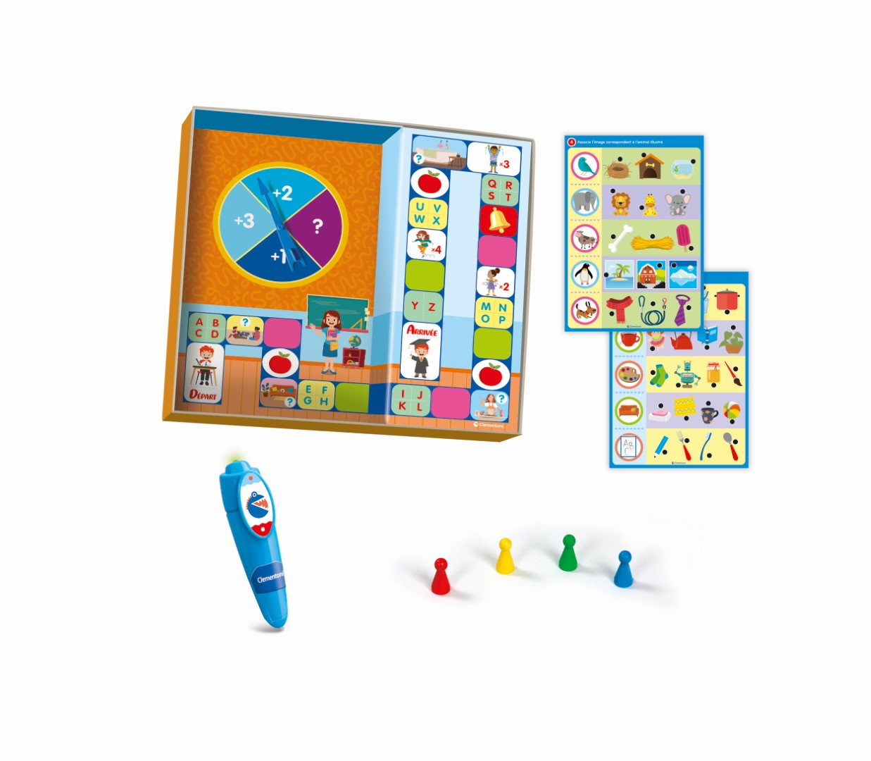Brettspiel mit Spinner, Karten und elektronischem Stift. Vier Spielfiguren rot, gelb, grün, blau.
