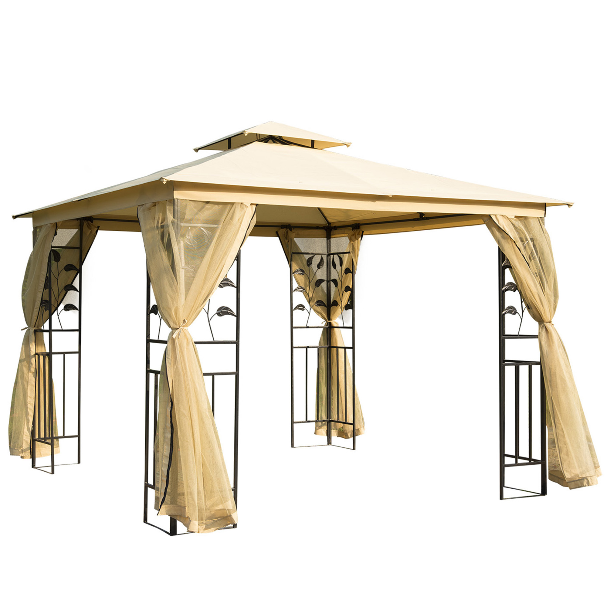 Gazebo beige con pali di supporto e tende, su sfondo bianco.