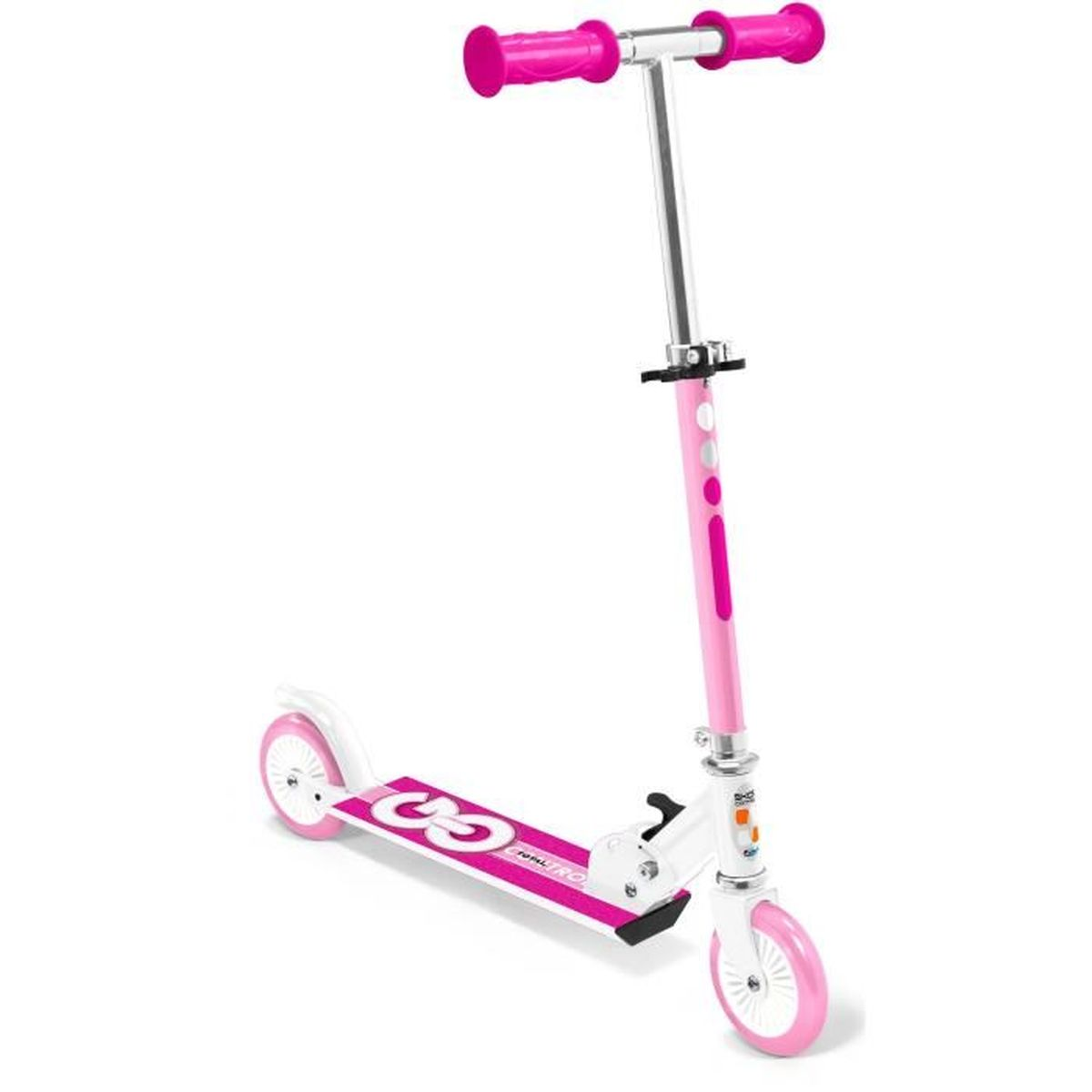 Uno scooter rosa e bianco con manubrio e ruote rosa.