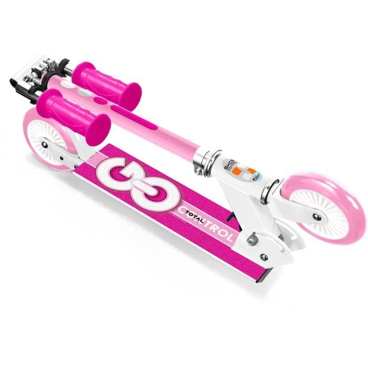 Un monopattino rosa con ruote bianche e manopole rosa.