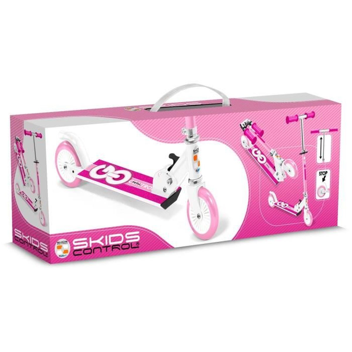 Confezione di una scatola per un monopattino rosa e bianco, con immagini del monopattino.