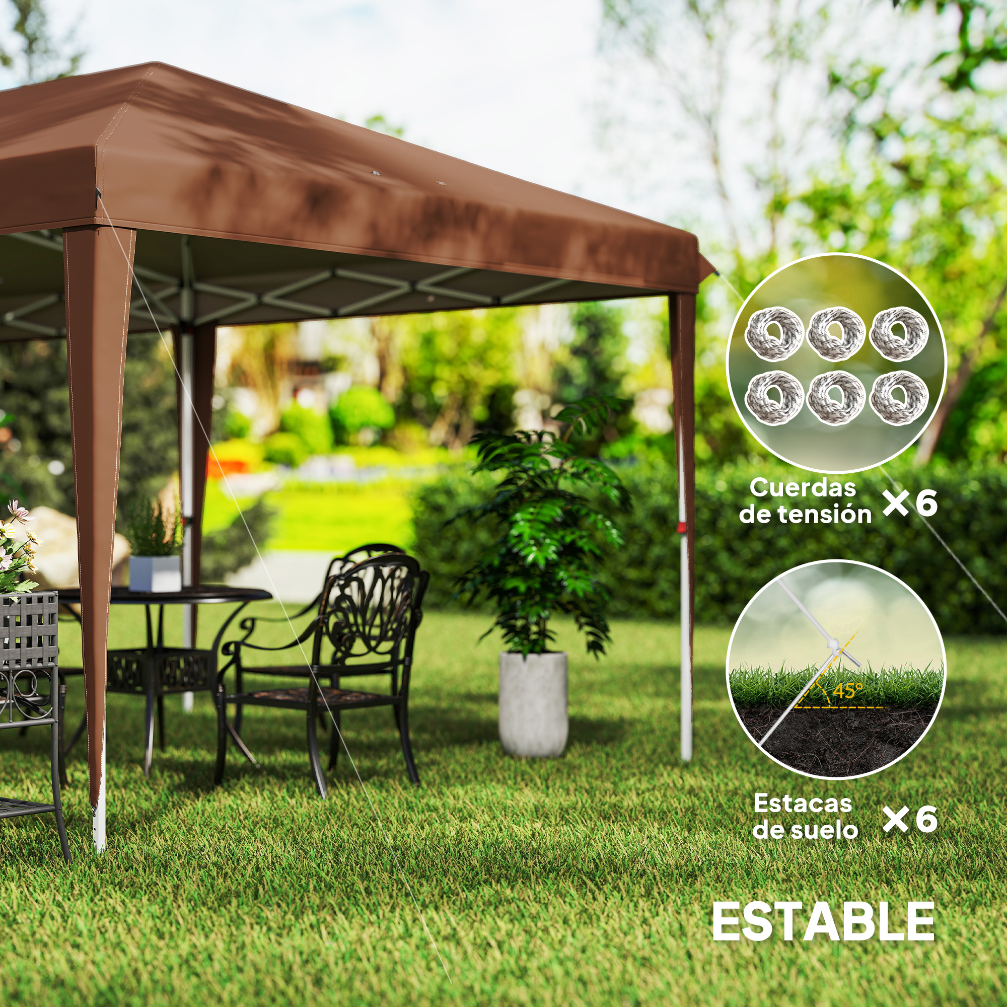 Una carpa marrón en un jardín con mesa, sillas y plantas. Se muestran seis cuerdas y seis estacas.