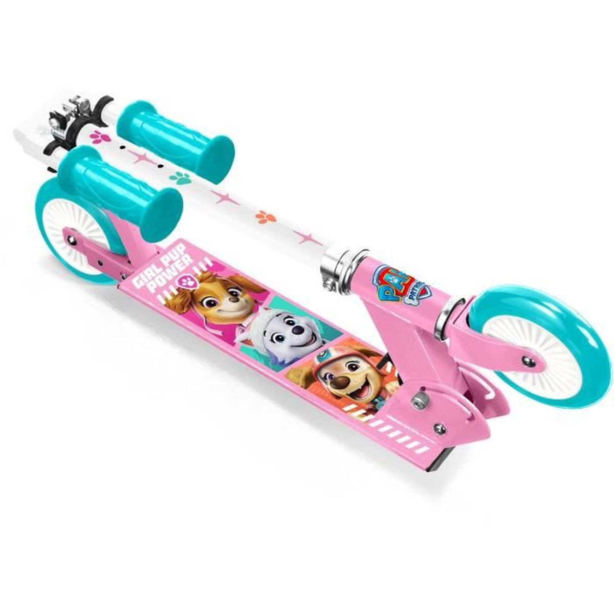 Ein rosa Kinderroller mit Paw Patrol-Motiv und blauen Griffen.