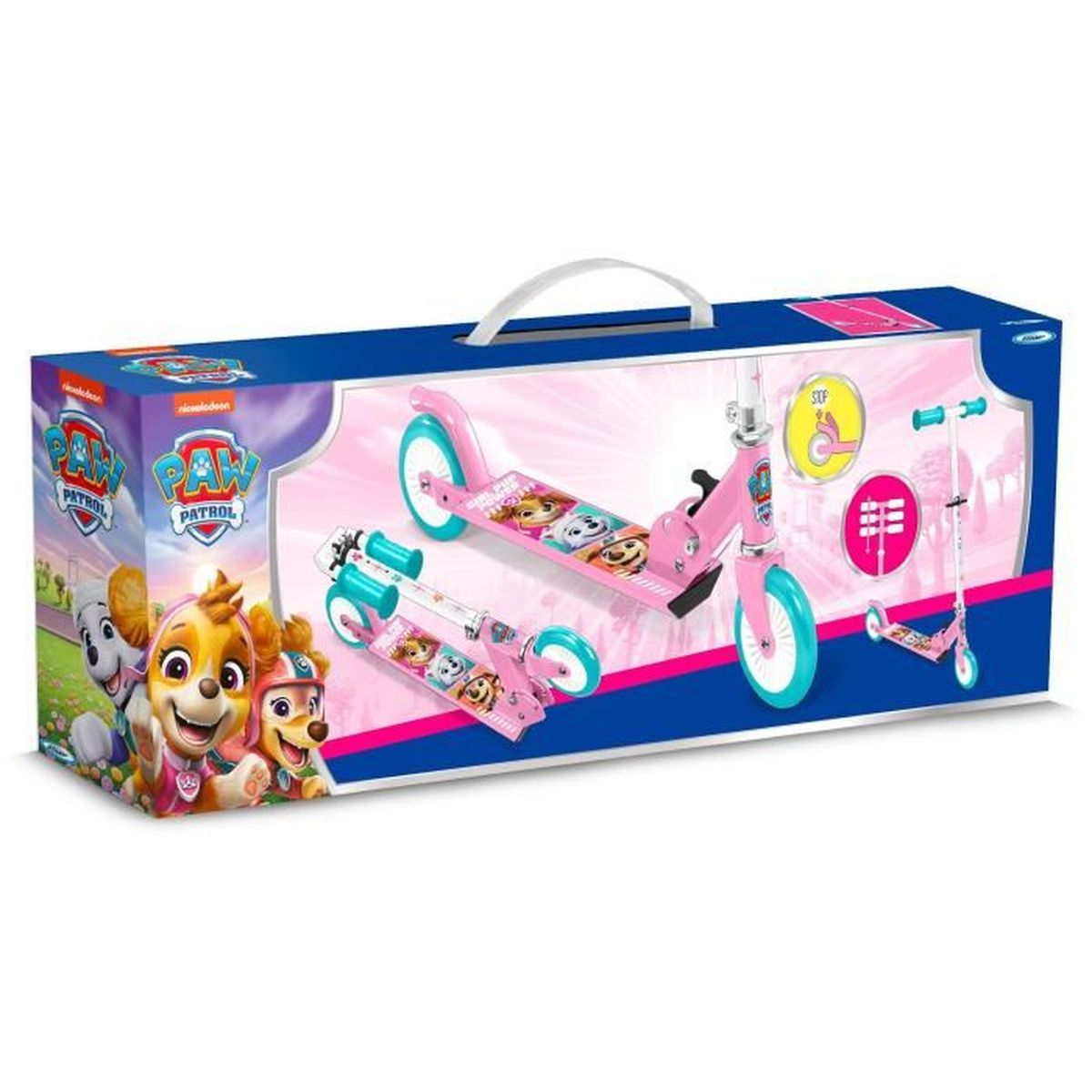 Verpackung mit Paw Patrol Rollern: rosa Roller, zwei kleinere Modelle, Zeichen.