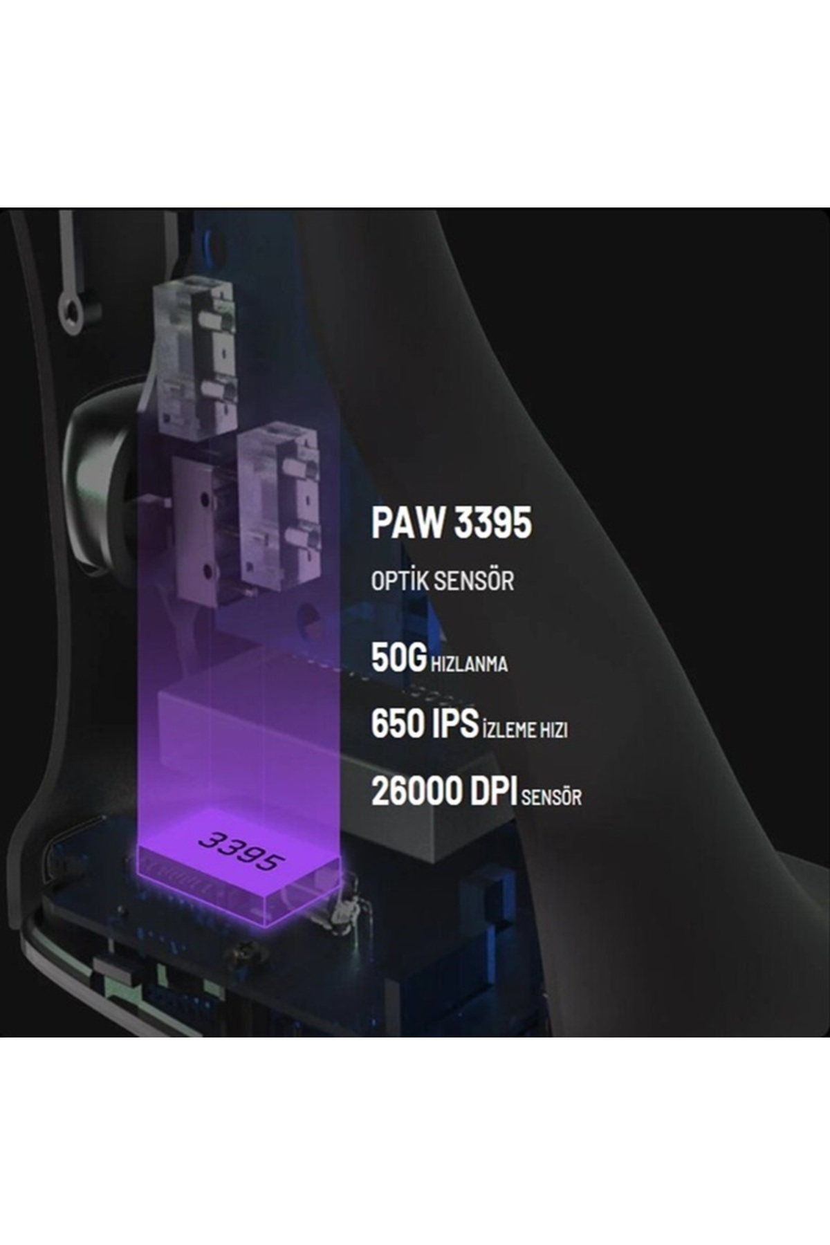 PAW 3395 optik sensör, 26000 DPI, 50G ivmelenme, 650 IPS.