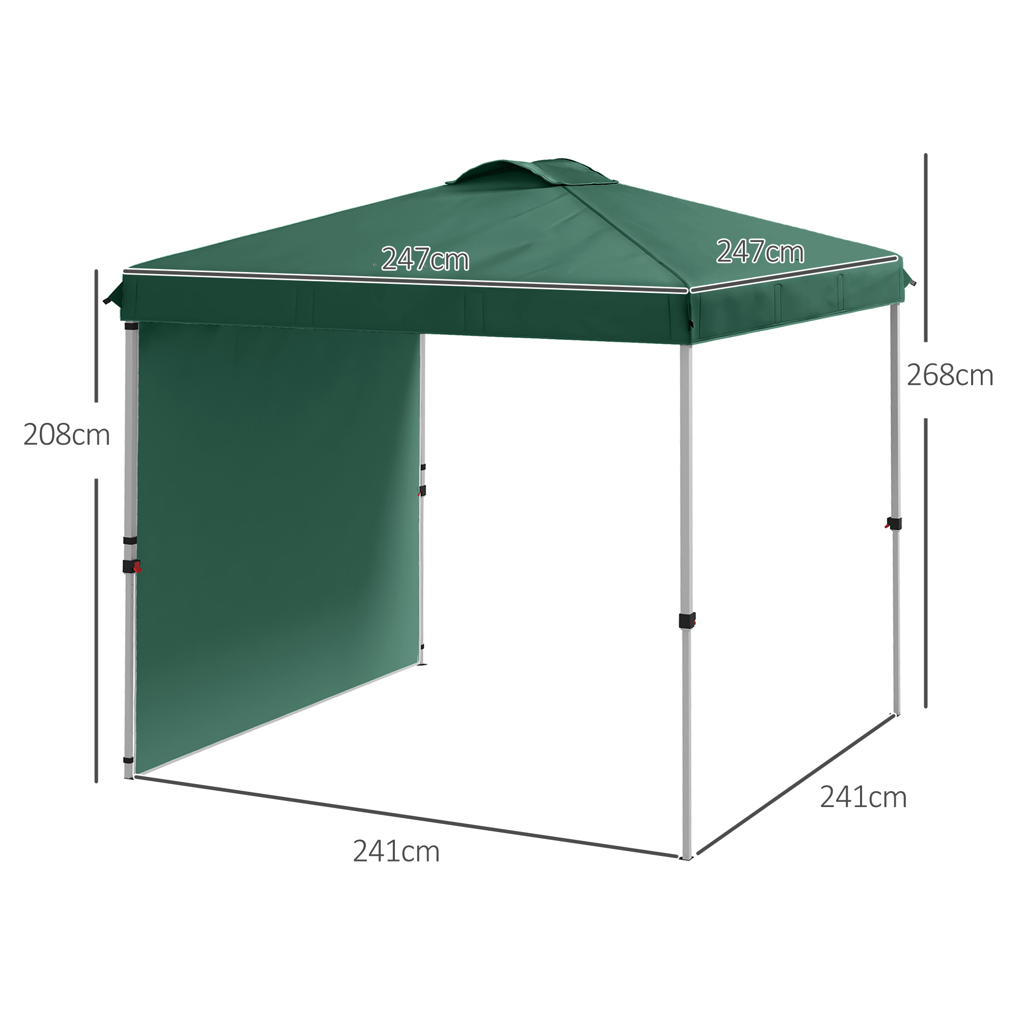 Gazebo verde con patas de metal, dimensiones 241x241cm, altura 268cm.