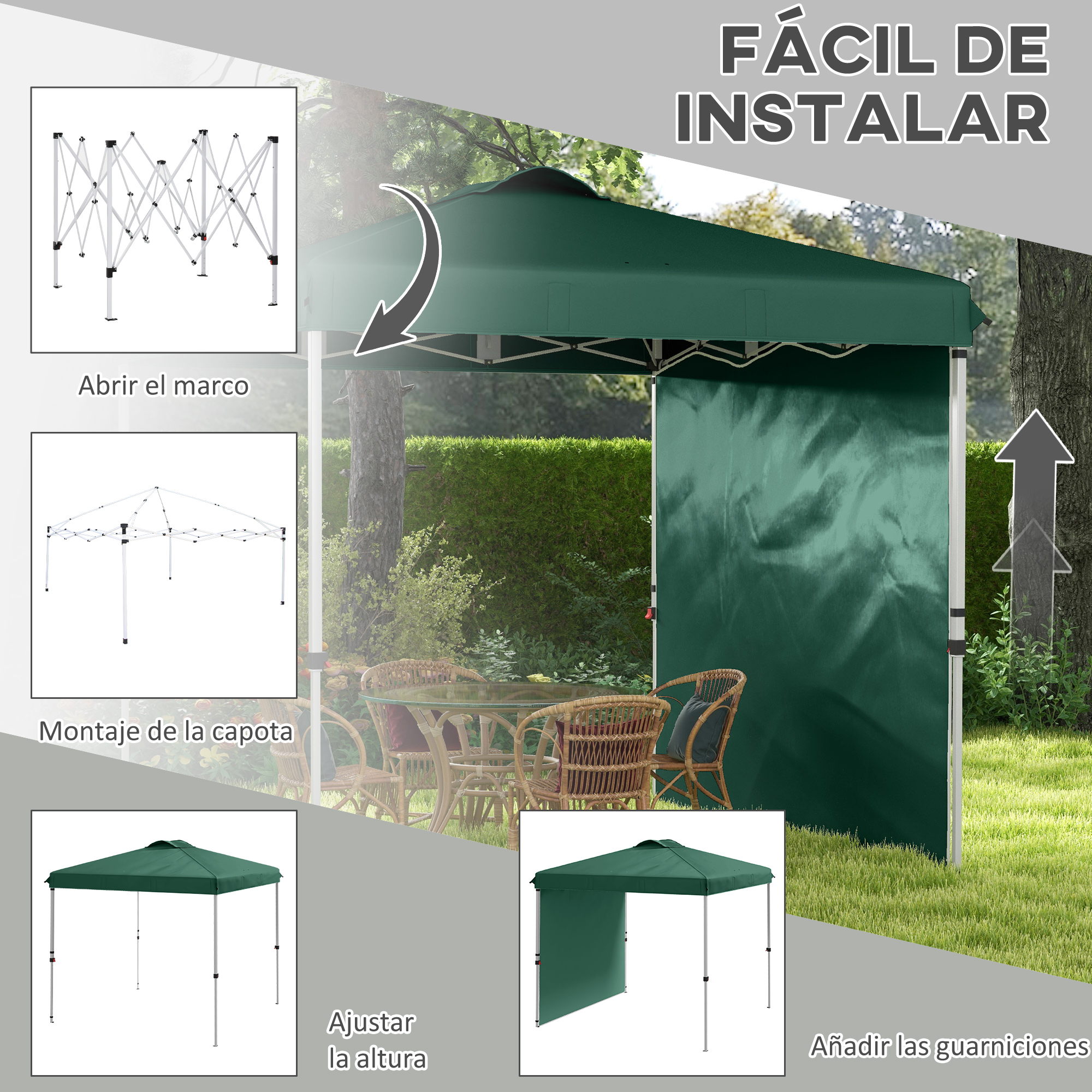 Toldo verde con marco metálico, con instrucciones de montaje.