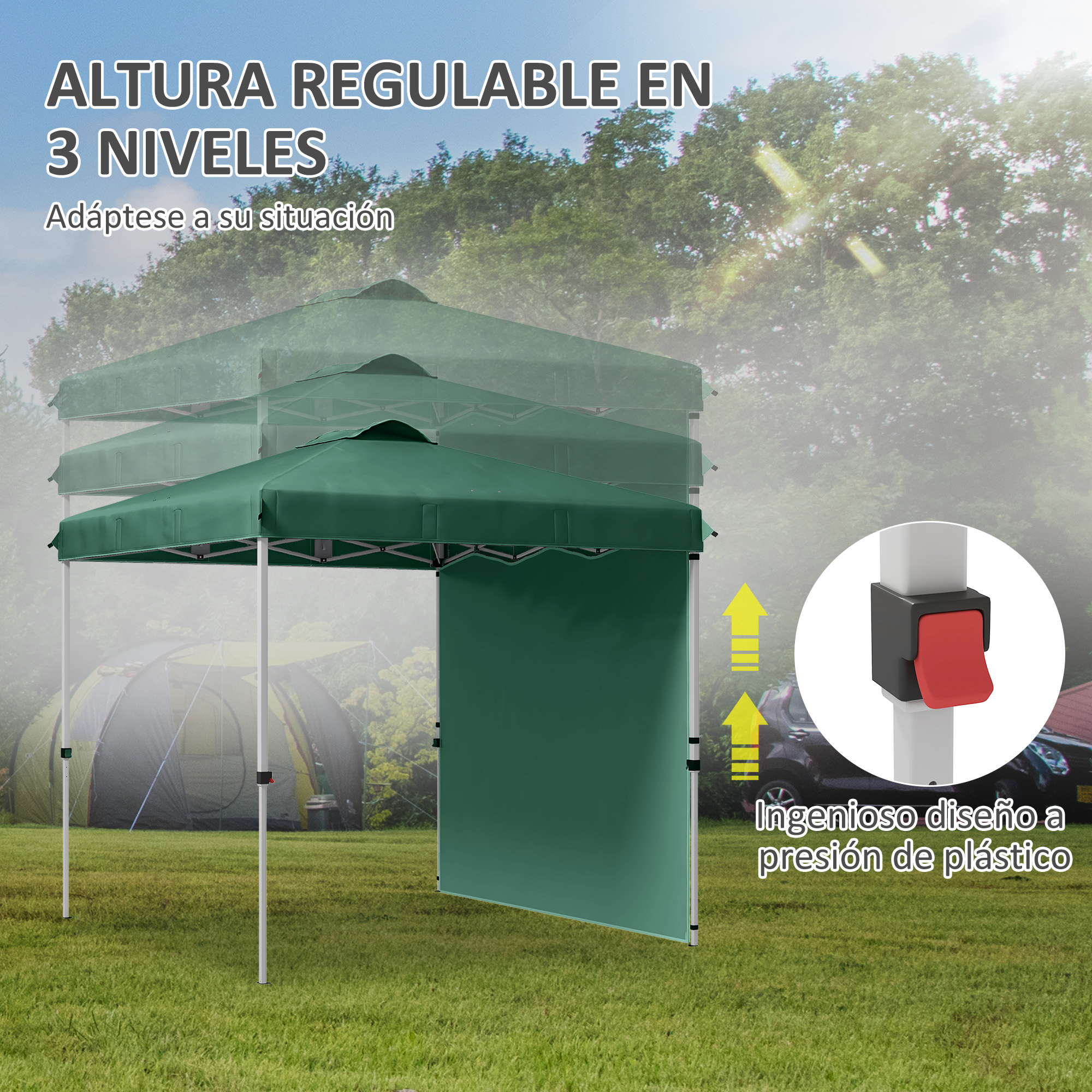 Tienda verde con altura ajustable, tres niveles y pared lateral. Entorno exterior.