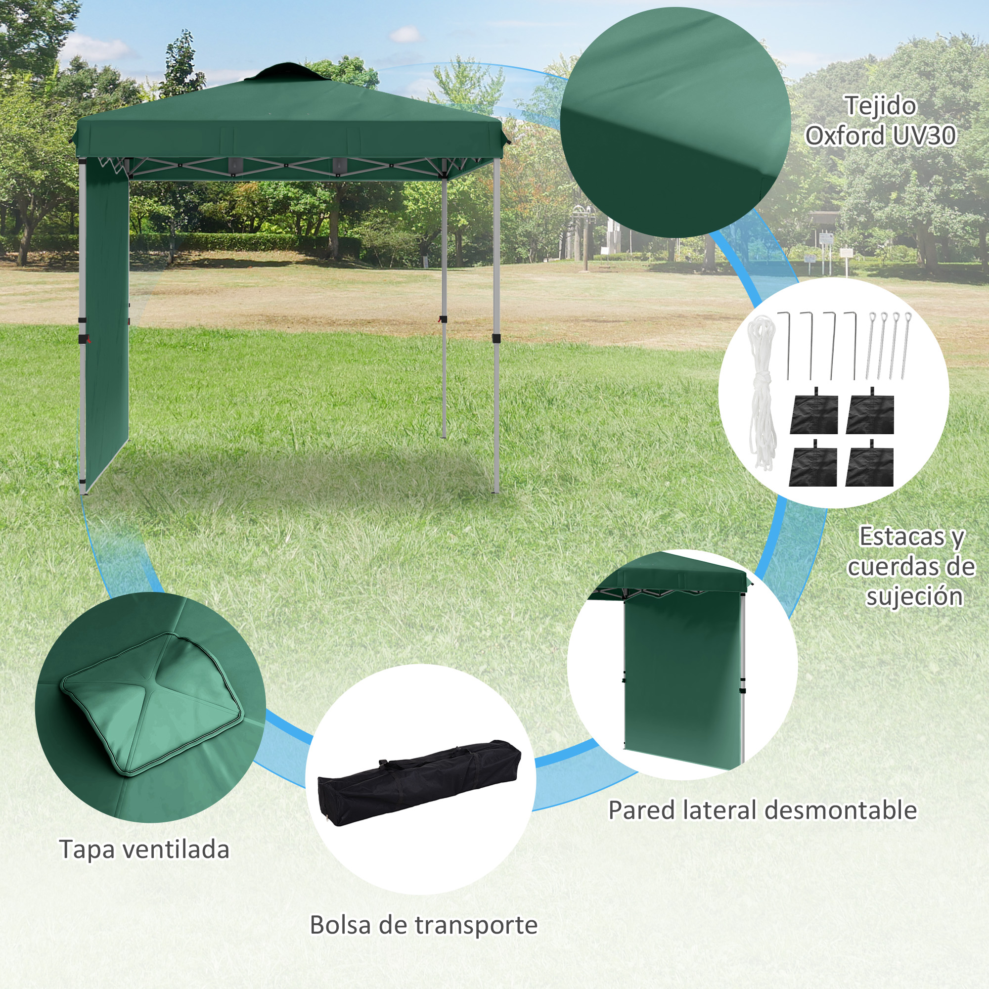 Toldo verde con pared lateral desmontable, tapa ventilada y accesorios.