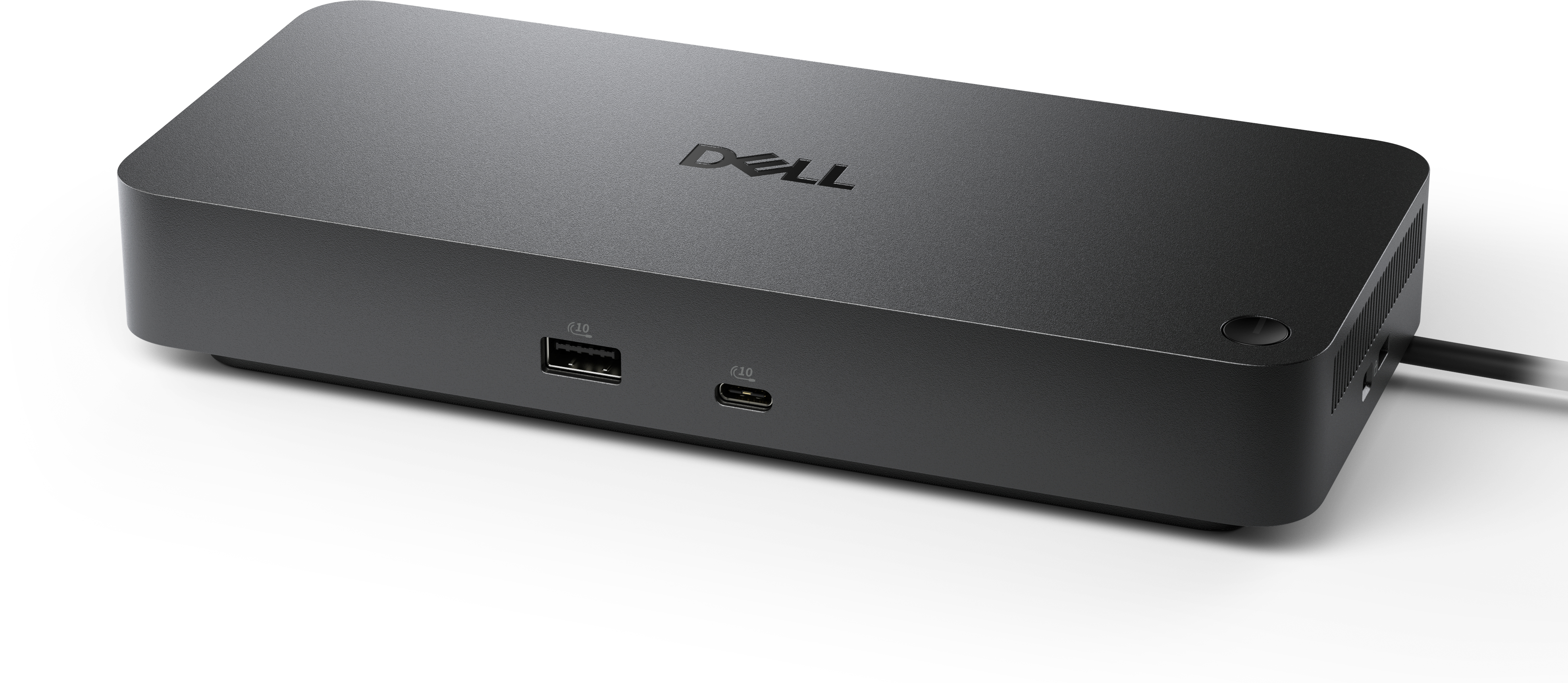 Zwarte Dell docking station met USB-A en USB-C poorten.