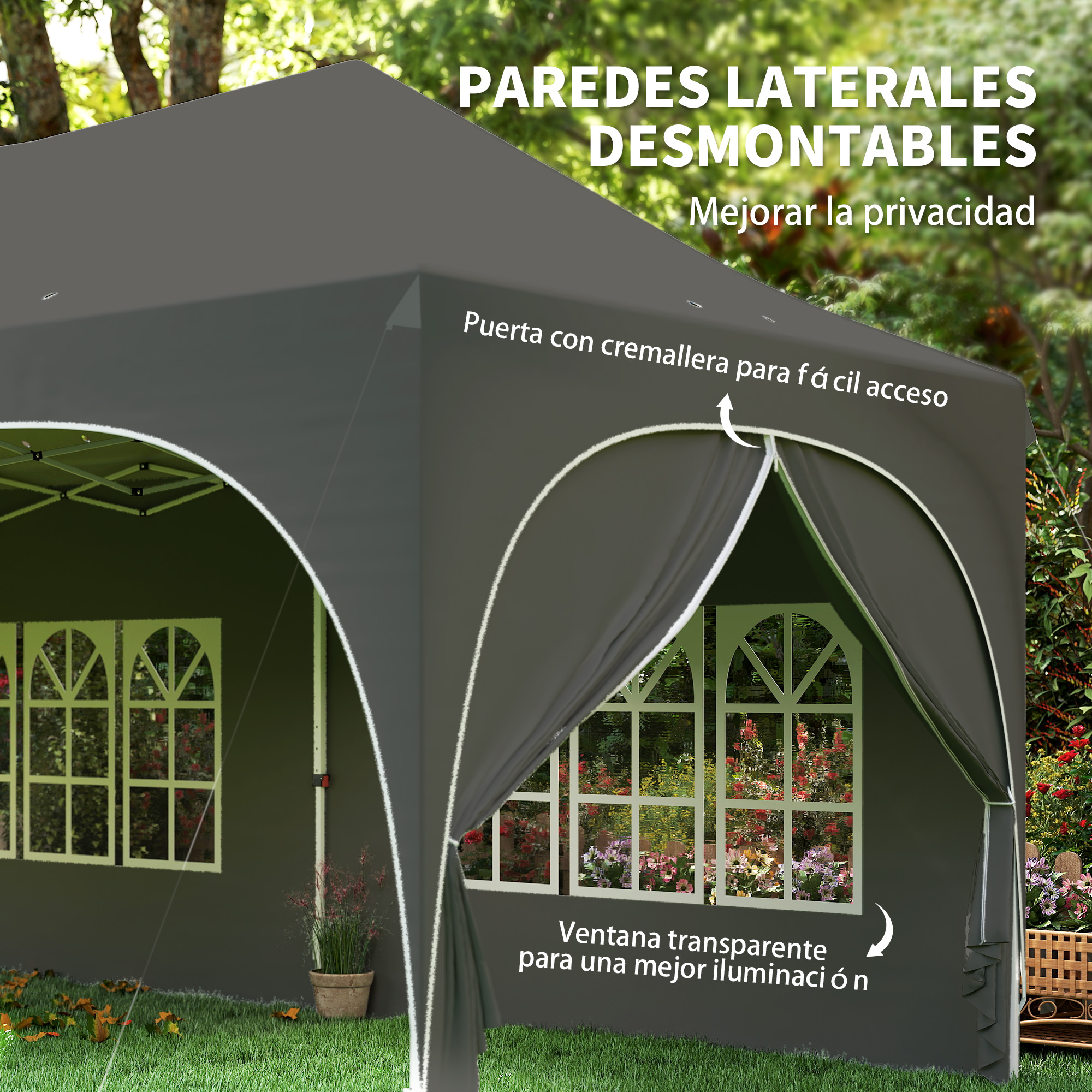 Tienda gris oscura con ventanas y puerta con cremallera al aire libre.
