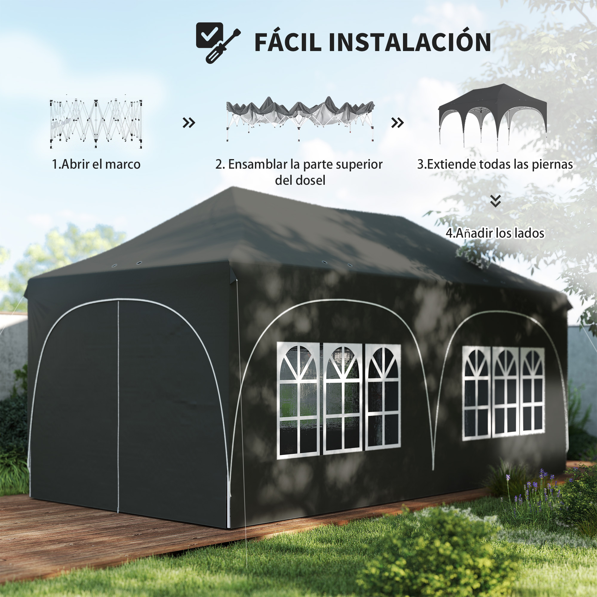 Tienda negra con ventanas, guía de instalación con 4 pasos.