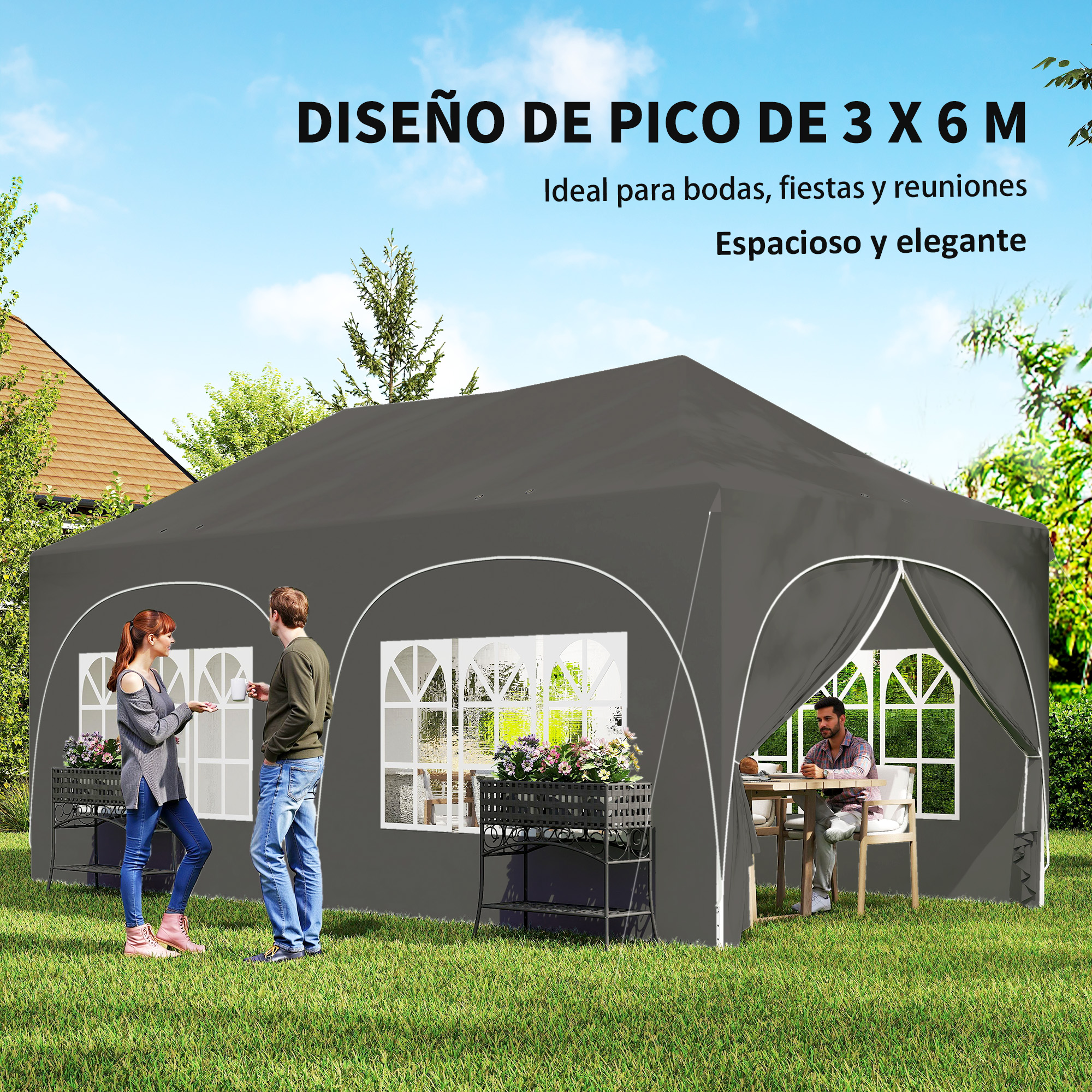 Un toldo oscuro con ventanas en un jardín. Dos personas afuera, una sentada adentro.