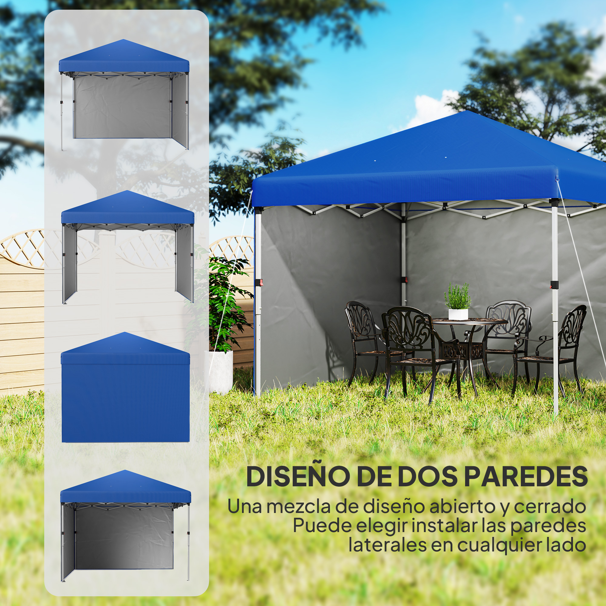 Un toldo azul con paredes grises y una mesa con sillas al aire libre.