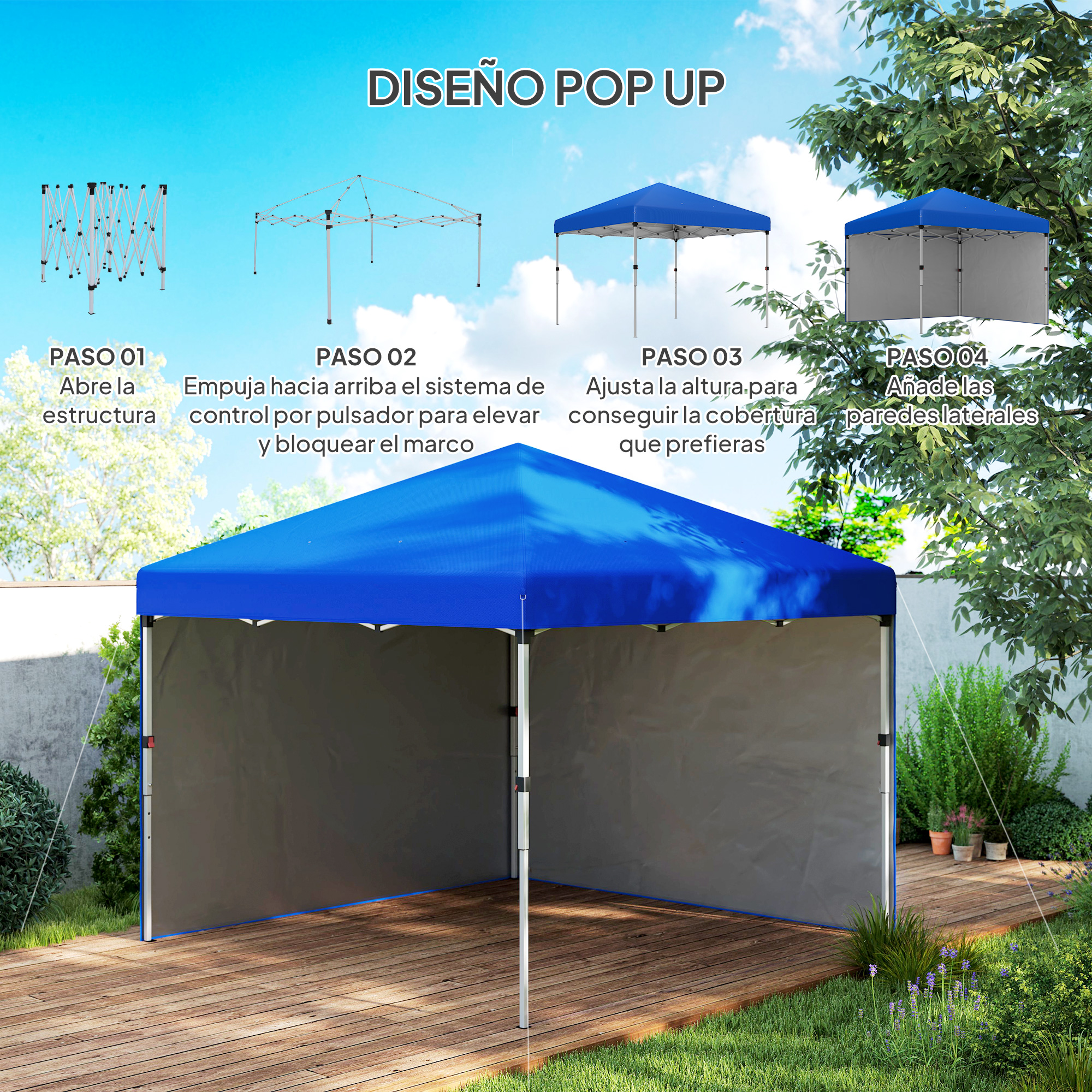 Instrucciones para montar una carpa pop-up azul con cuatro paredes en una terraza de madera.