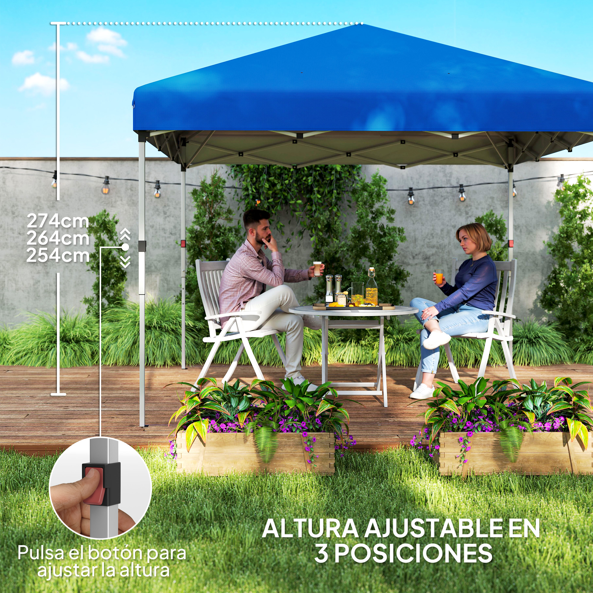 Una pareja sentada bajo un toldo azul en una terraza de madera.