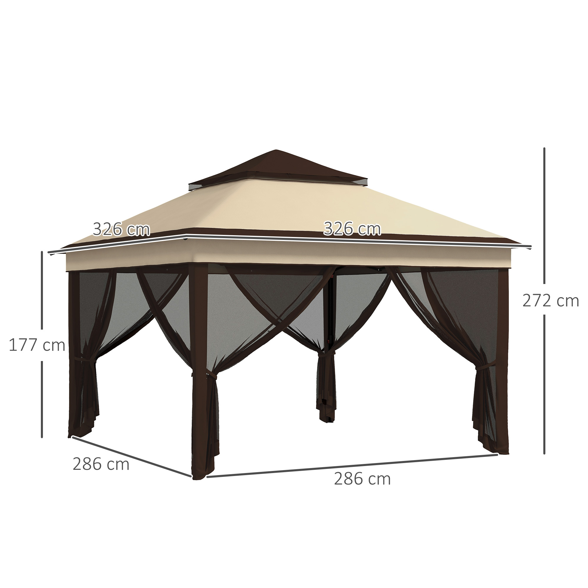 Un cenador beige con postes marrones y mosquiteros, con dimensiones indicadas.