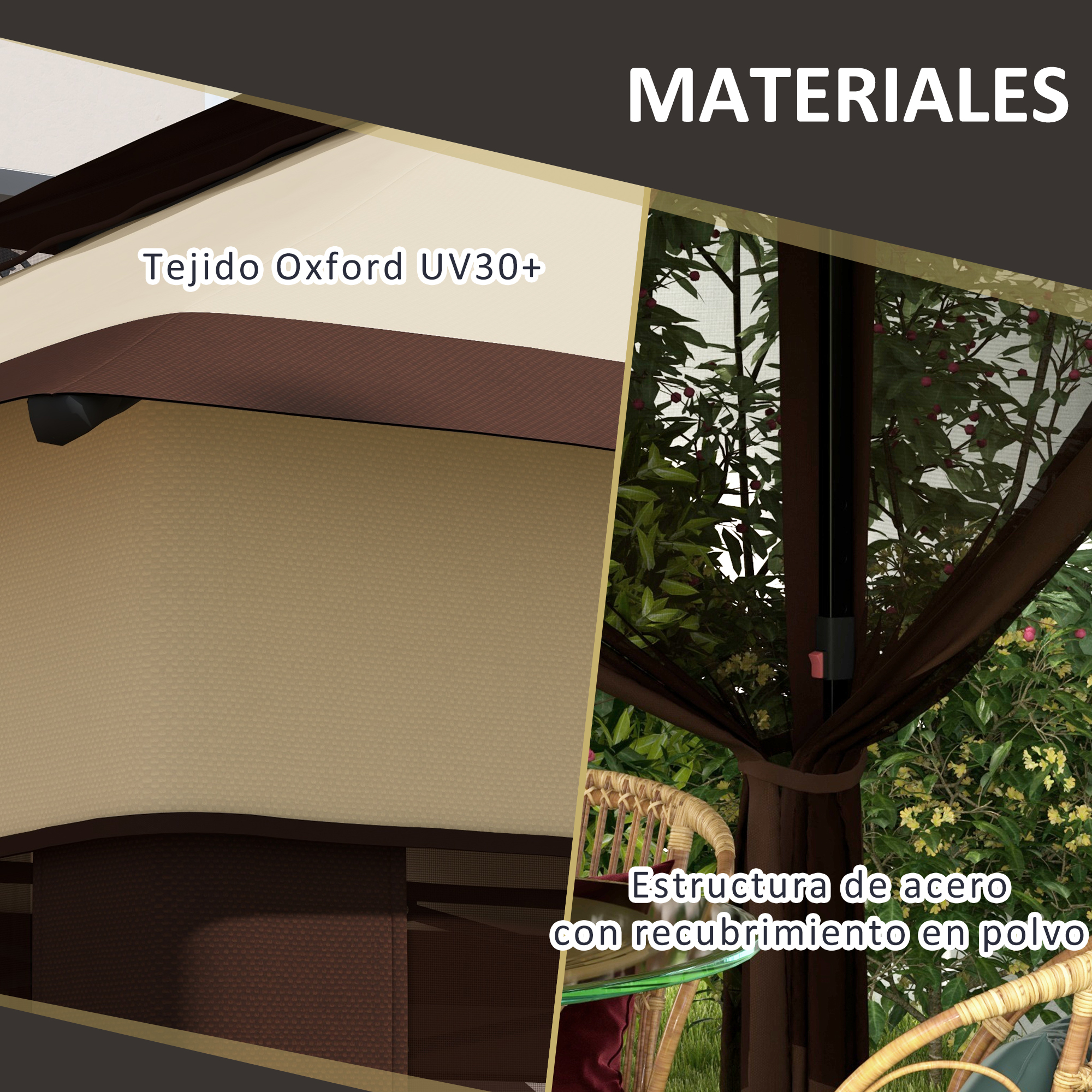 Tejido Oxford UV30+ beige y estructura de acero marrón con recubrimiento.