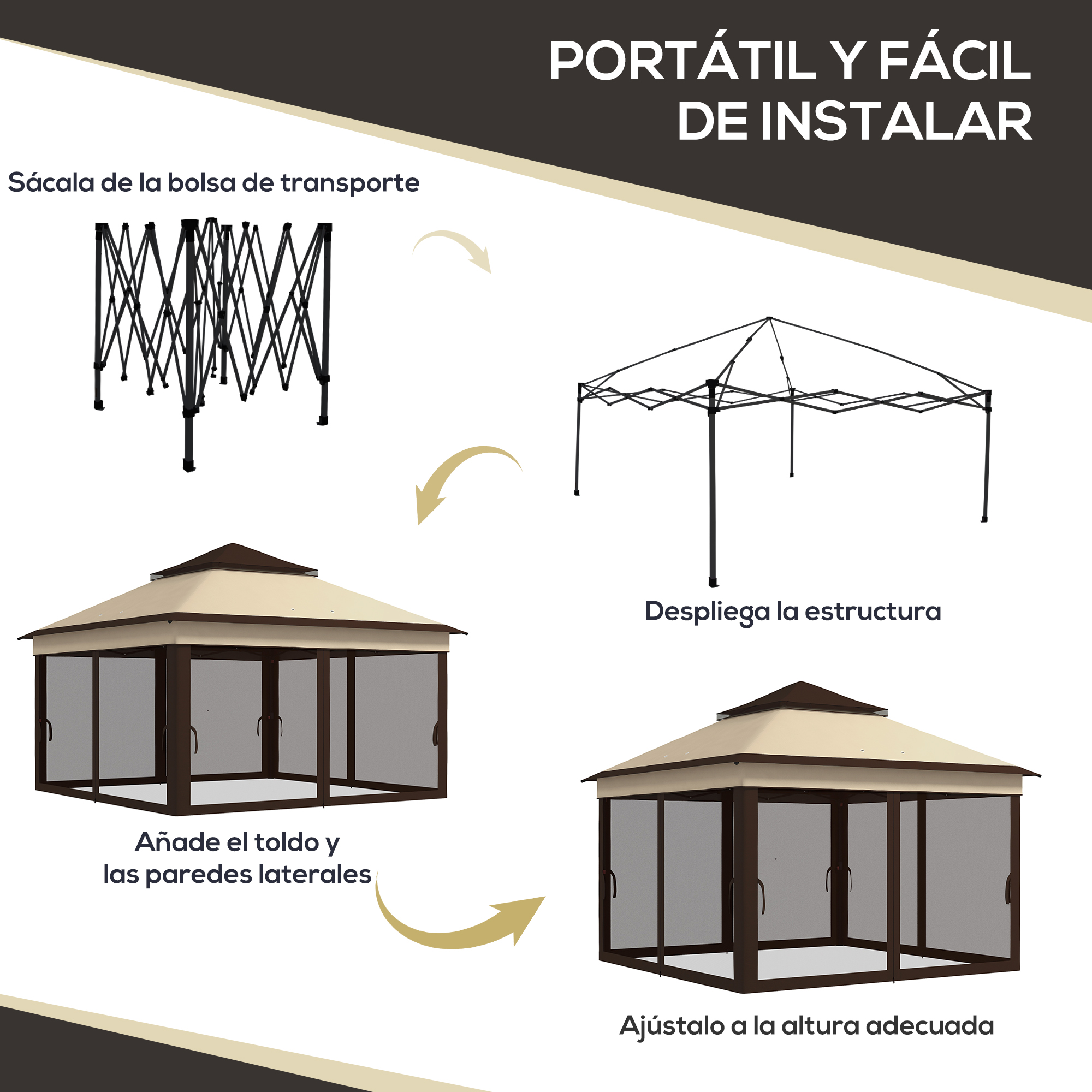 Guía paso a paso para montar un gazebo con estructura oscura y toldo beige.
