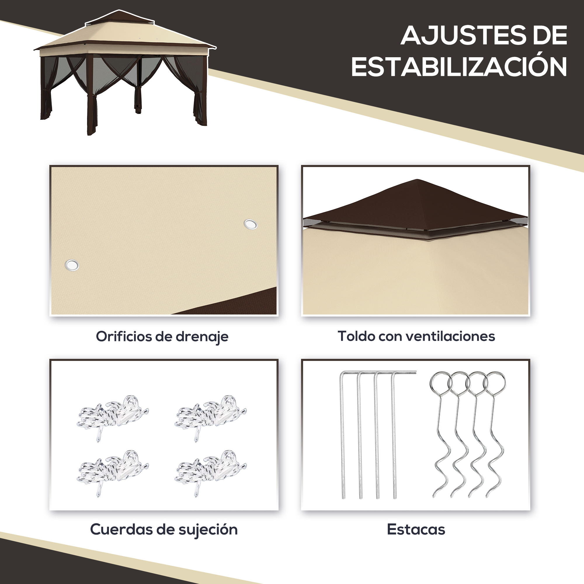Gazebo con partes de tela, orificios de drenaje, ventilacion y materiales de fijacion.