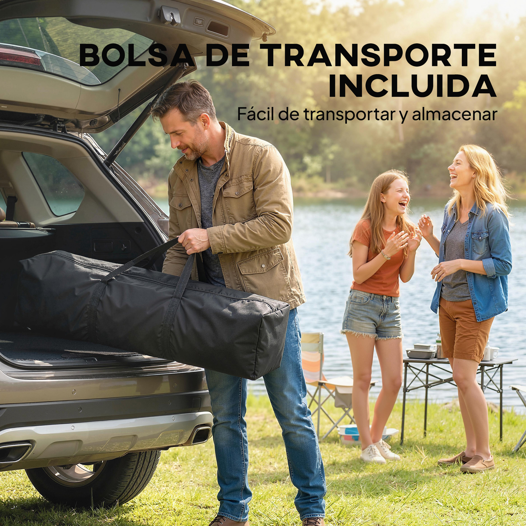 Hombre carga bolsa negra en auto, familia junto al lago, texto en español.